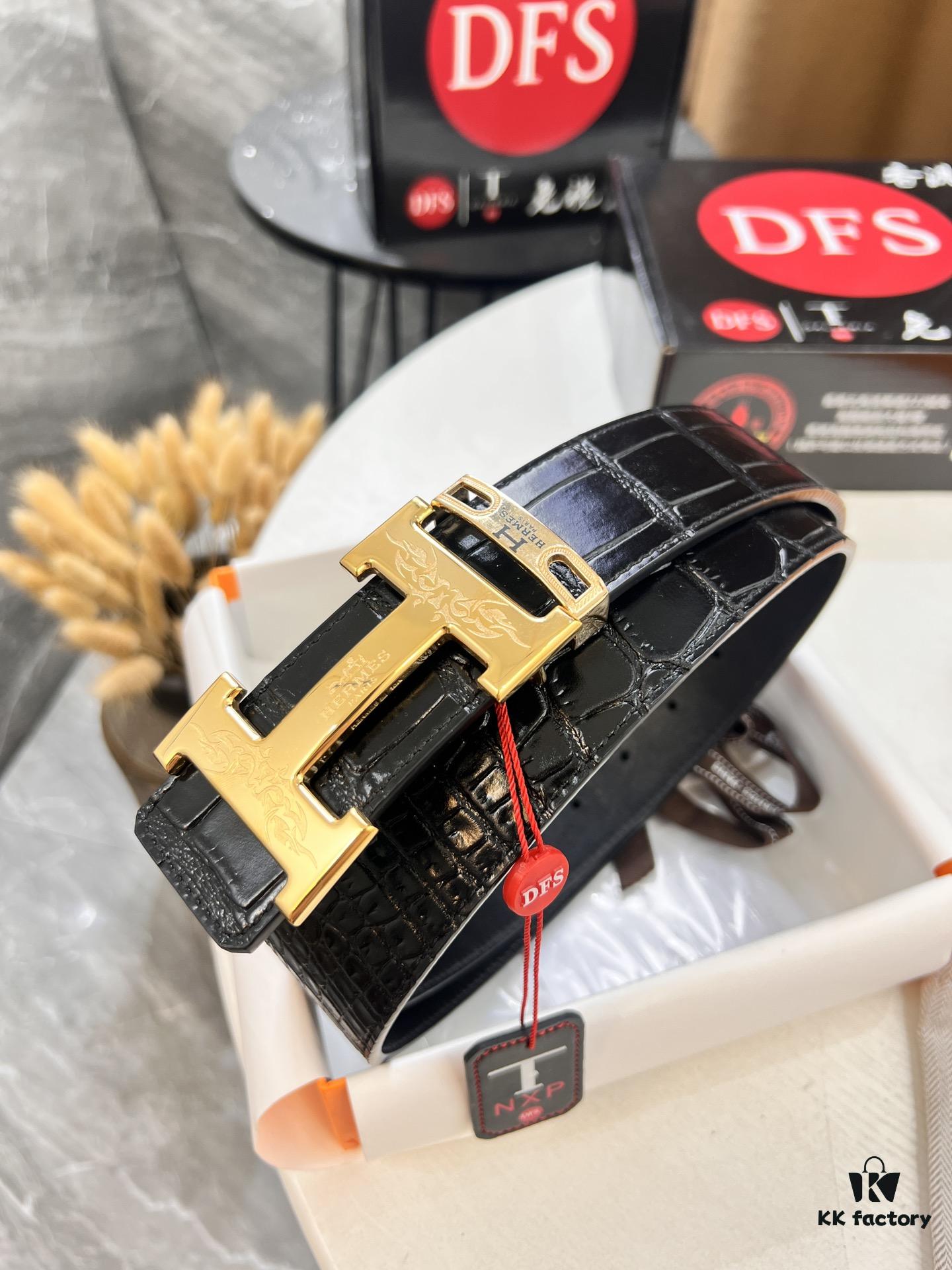 Hermès Men's Belt, Genuine Top-Layer Crocodile-Textured Leather, Slim Design, 3.8cm Width, Stainless Steel Hardware, Reversible Wear, Gift-Ready