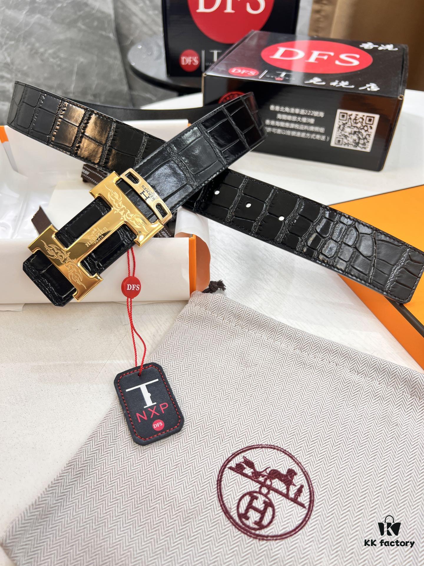 Hermès Men's Belt, Genuine Top-Layer Crocodile-Textured Leather, Slim Design, 3.8cm Width, Stainless Steel Hardware, Reversible Wear, Gift-Ready