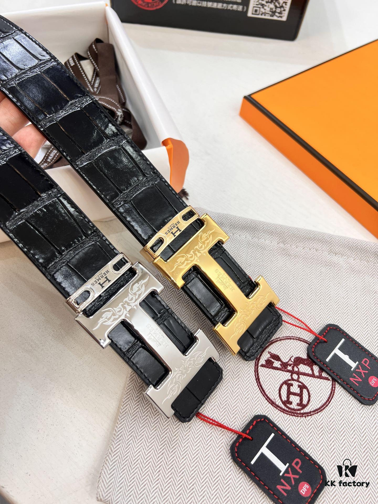 Hermès Men's Belt, Genuine Top-Layer Crocodile-Textured Leather, Slim Design, 3.8cm Width, Stainless Steel Hardware, Reversible Wear, Gift-Ready