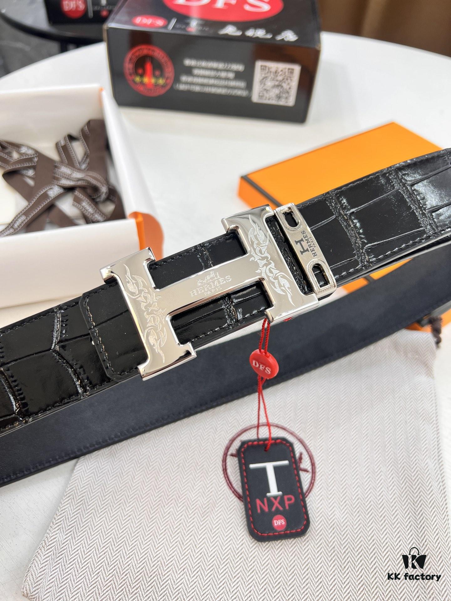 Hermès Men's Belt, Genuine Top-Layer Calfskin with Crocodile Texture, 3.8cm Width, Adjustable Length, Double-Sided Usage, Stainless Steel Hardware, Official Website Verified, Ideal Gift