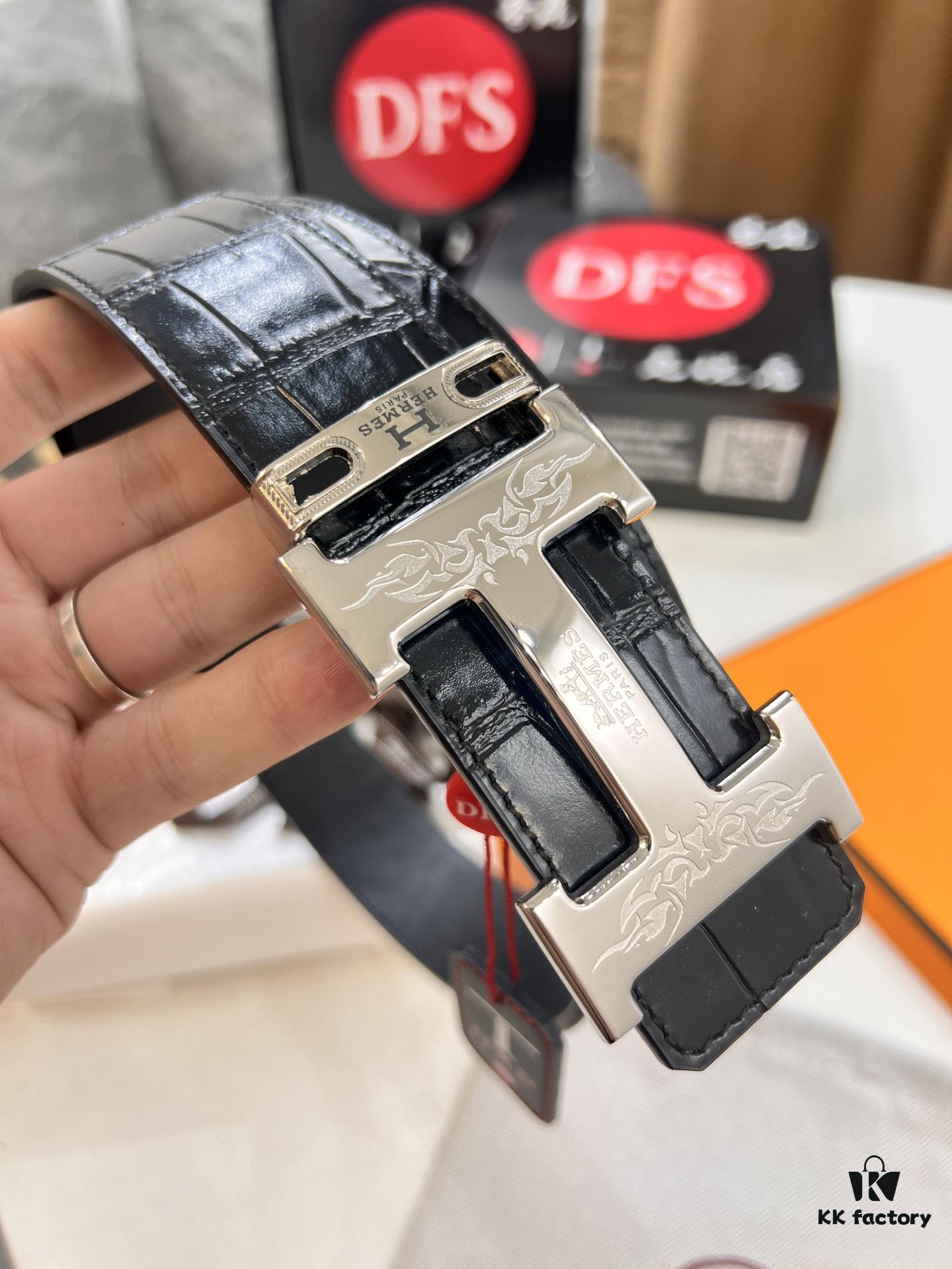 Hermès Men's Belt, Genuine Top-Layer Calfskin with Crocodile Texture, 3.8cm Width, Adjustable Length, Double-Sided Usage, Stainless Steel Hardware, Official Website Verified, Ideal Gift