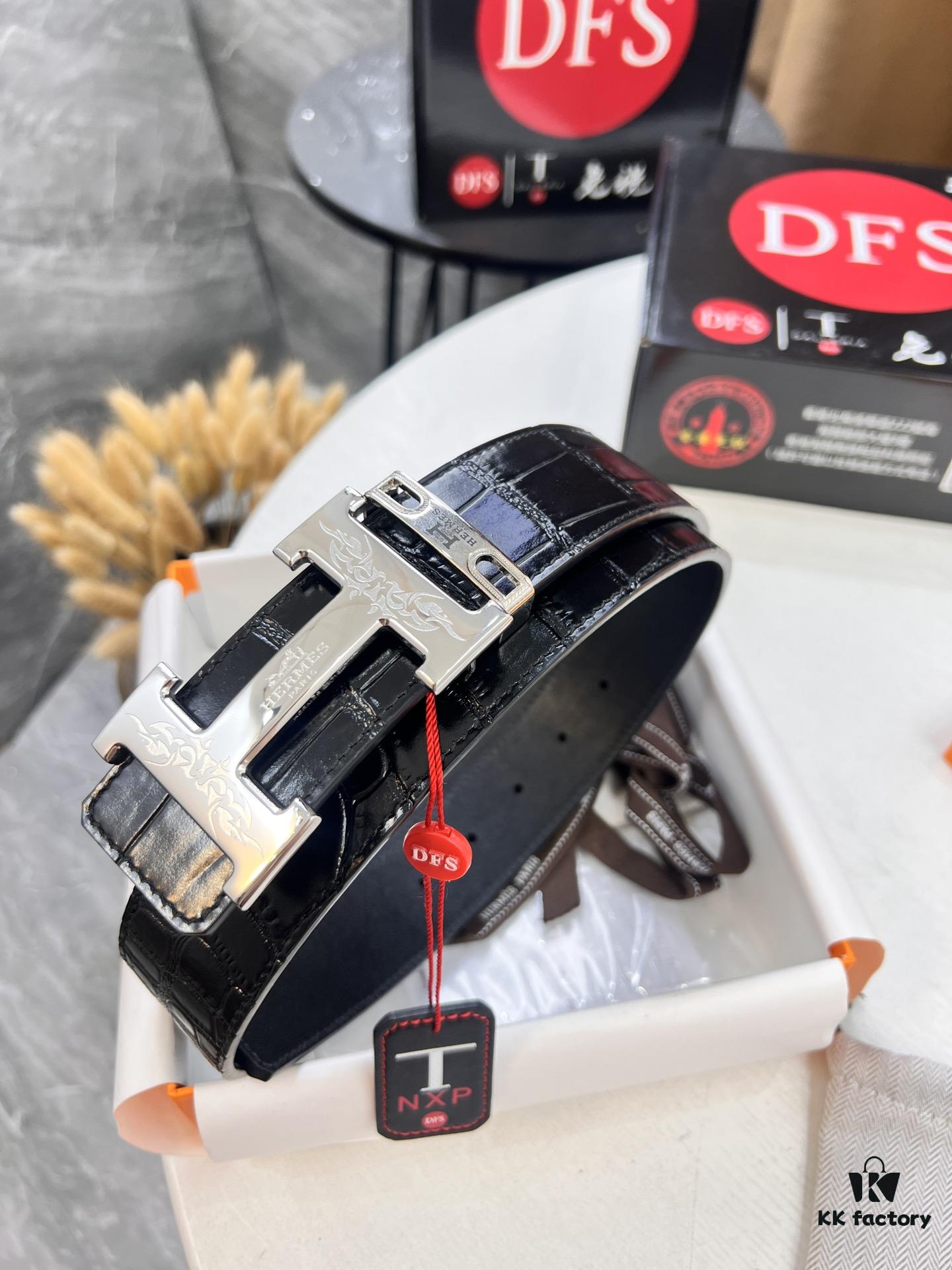 Hermès Men's Belt, Genuine Top-Layer Calfskin with Crocodile Texture, 3.8cm Width, Adjustable Length, Double-Sided Usage, Stainless Steel Hardware, Official Website Verified, Ideal Gift