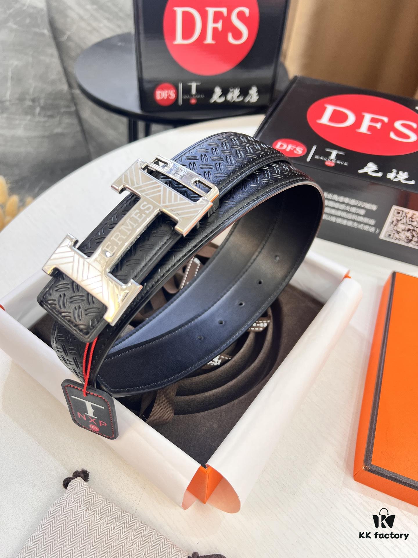 Hermès Men's Belt, Top Grain Calfskin Leather with Engraved H Logo Buckle, 3.8cm Width, Adjustable Length, Sterling Silver Hardware, Ideal Gift