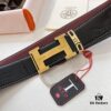 Hermès Men's Belt, Top Grain Calfskin with Engraved Buckle, 3.8cm Width, Wine Red Fine Texture, Adjustable Length, Original Imported Embossed Horse-Drawn Carriage Design