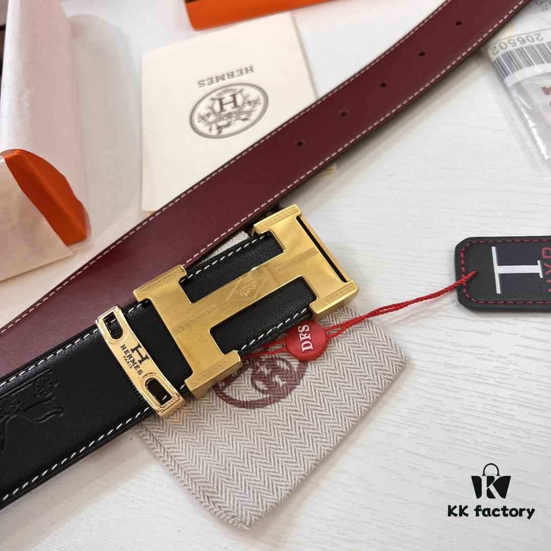 Hermès Men's Belt, Top Grain Calfskin with Engraved Buckle, 3.8cm Width, Wine Red Fine Texture, Adjustable Length, Original Imported Embossed Horse-Drawn Carriage Design