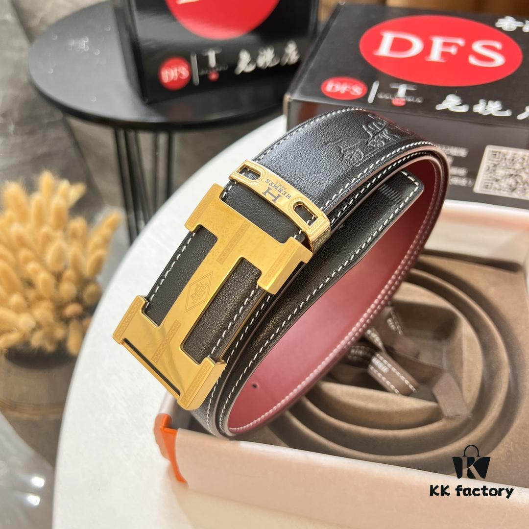 Hermès Men's Belt, Top Grain Calfskin with Engraved Buckle, 3.8cm Width, Wine Red Fine Texture, Adjustable Length, Original Imported Embossed Horse-Drawn Carriage Design