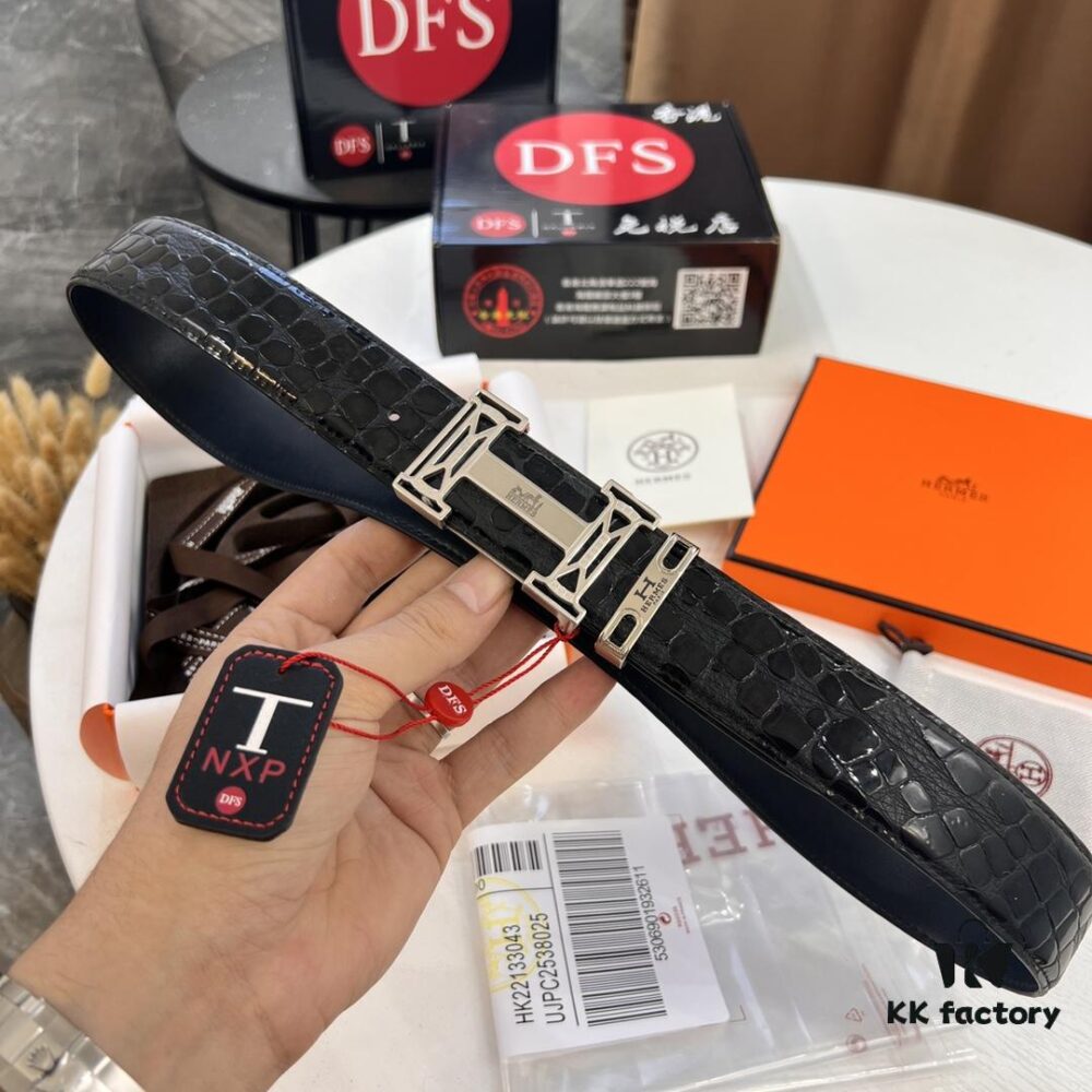 Hermès H Belt, New Arrival, Stainless Steel H Internal Buckle, ZP Synchronized Engraved Logo, 3.8cm Width, Top Quality Genuine Crocodile Grain Top Layer Calfskin Leather, Imported Leather, Mold-Customized Design, Supports Authentication via NXP Chip in Duty-Free Packaging