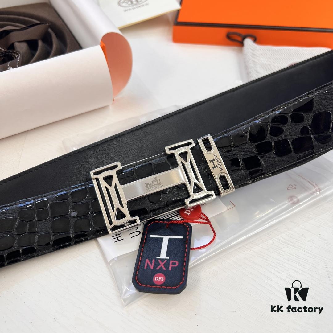 Hermès H Belt, New Arrival, Stainless Steel H Internal Buckle, ZP Synchronized Engraved Logo, 3.8cm Width, Top Quality Genuine Crocodile Grain Top Layer Calfskin Leather, Imported Leather, Mold-Customized Design, Supports Authentication via NXP Chip in Duty-Free Packaging