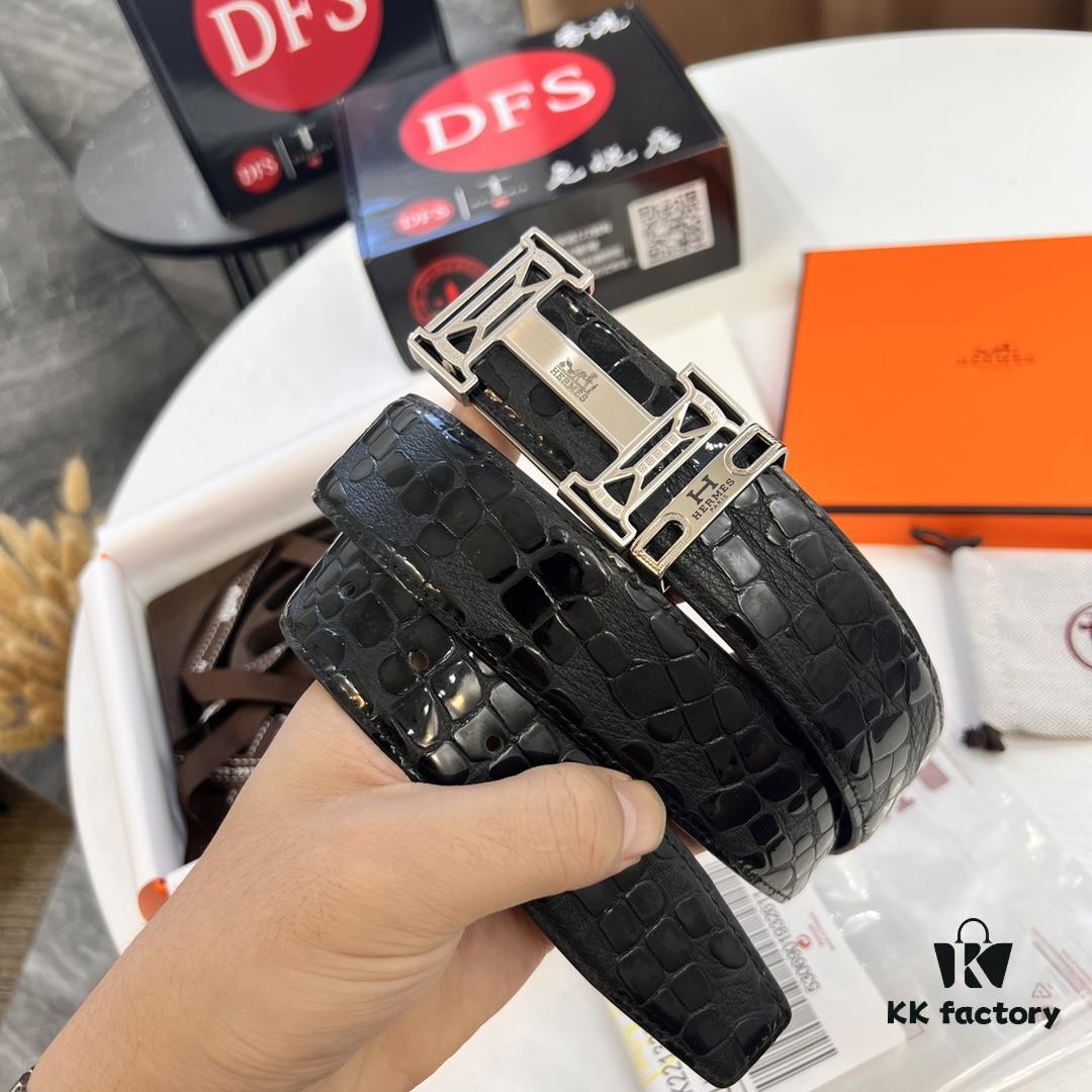 Hermès H Belt, New Arrival, Stainless Steel H Internal Buckle, ZP Synchronized Engraved Logo, 3.8cm Width, Top Quality Genuine Crocodile Grain Top Layer Calfskin Leather, Imported Leather, Mold-Customized Design, Supports Authentication via NXP Chip in Duty-Free Packaging