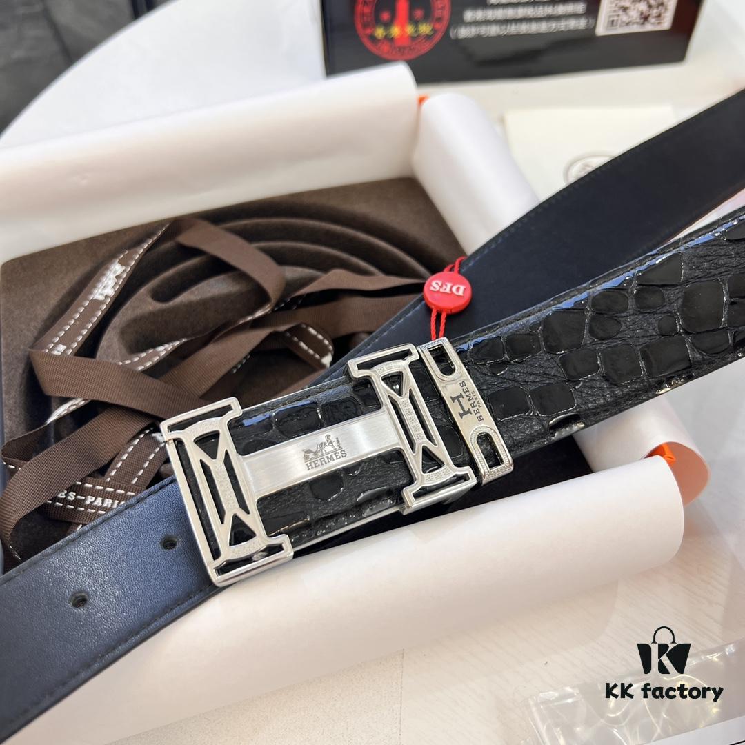 Hermès H Belt, New Arrival, Stainless Steel H Internal Buckle, ZP Synchronized Engraved Logo, 3.8cm Width, Top Quality Genuine Crocodile Grain Top Layer Calfskin Leather, Imported Leather, Mold-Customized Design, Supports Authentication via NXP Chip in Duty-Free Packaging