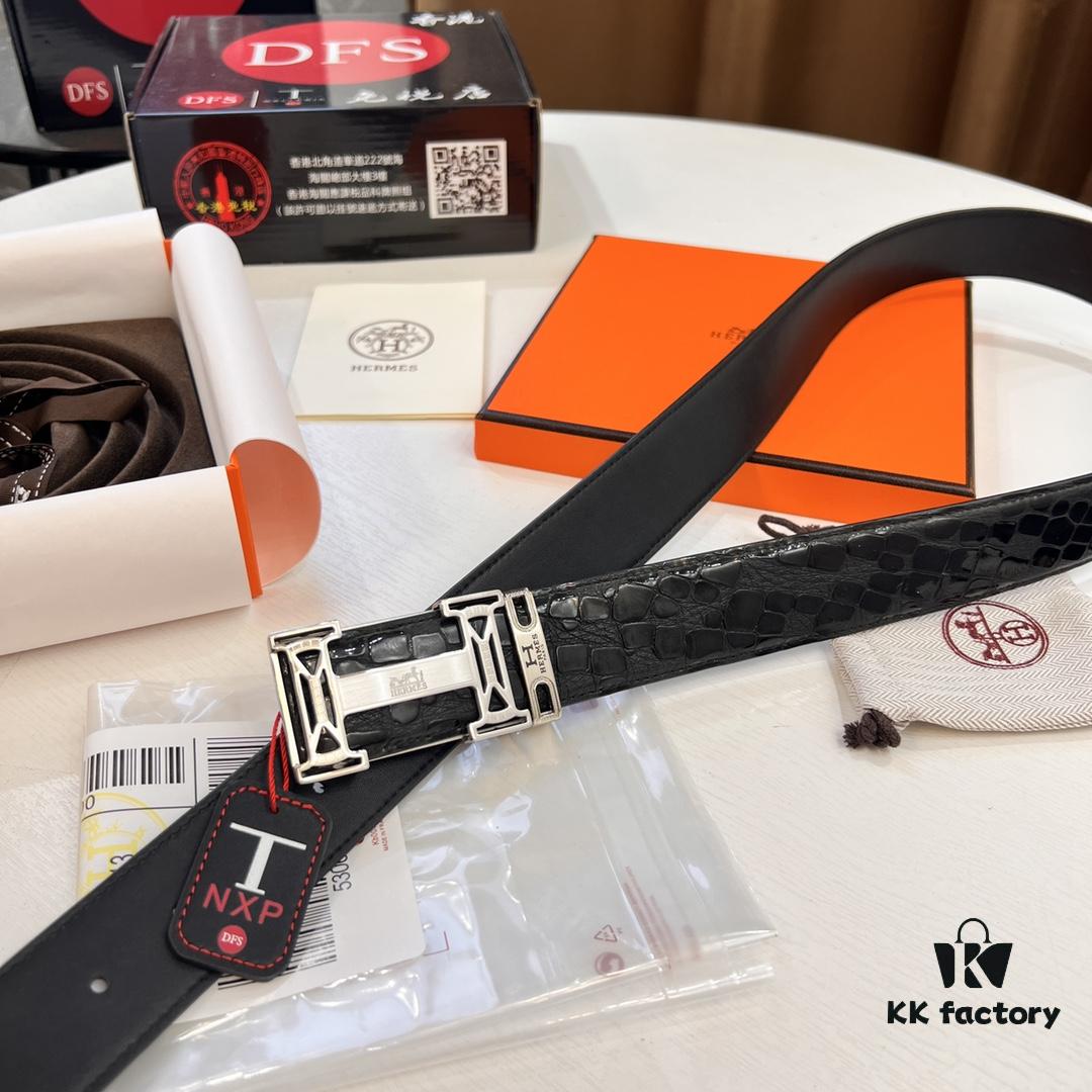 Hermès H Belt, New Arrival, Stainless Steel H Internal Buckle, ZP Synchronized Engraved Logo, 3.8cm Width, Top Quality Genuine Crocodile Grain Top Layer Calfskin Leather, Imported Leather, Mold-Customized Design, Supports Authentication via NXP Chip in Duty-Free Packaging
