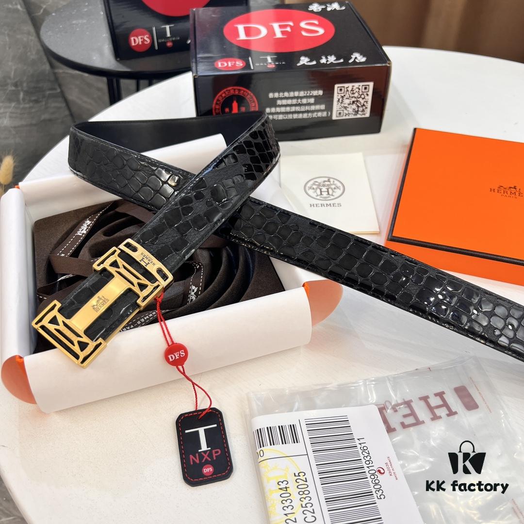 Hermès H Belt, New Arrival, Stainless Steel H Internal Buckle, ZP Synchronized Engraved Logo, 3.8cm Width, Premium Crocodile Grain Top Layer Calfskin Leather