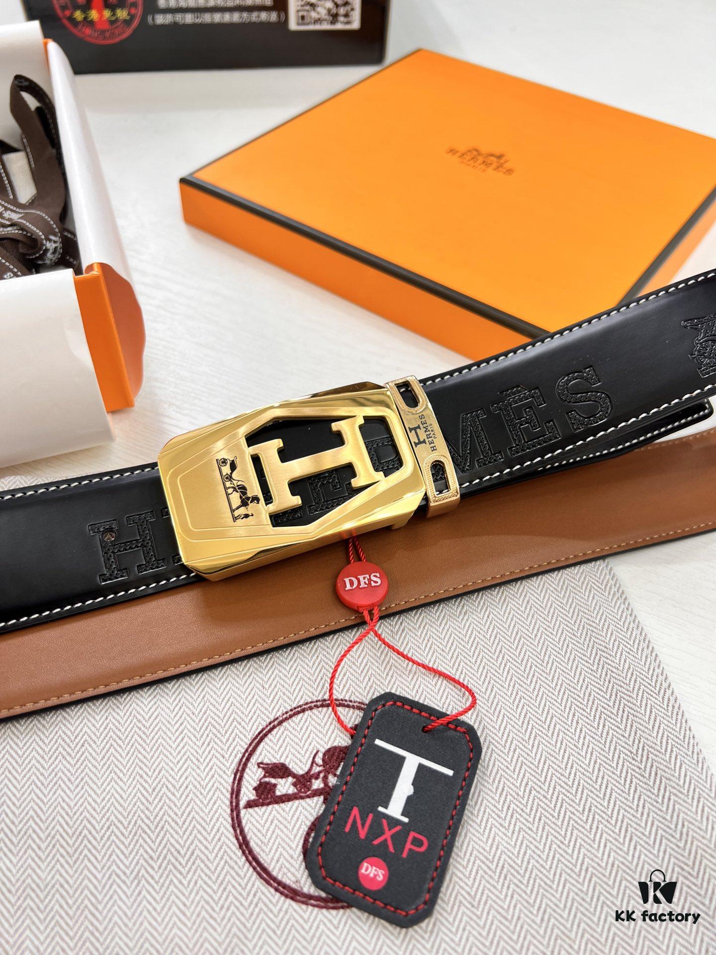 Hermès (Men's) Belt, Top Grain Cowhide Leather with Engraved Buckle, 3.8cm Width, Adjustable Length, Original Imported Embossed Horsehead Design, Ideal for Gifting