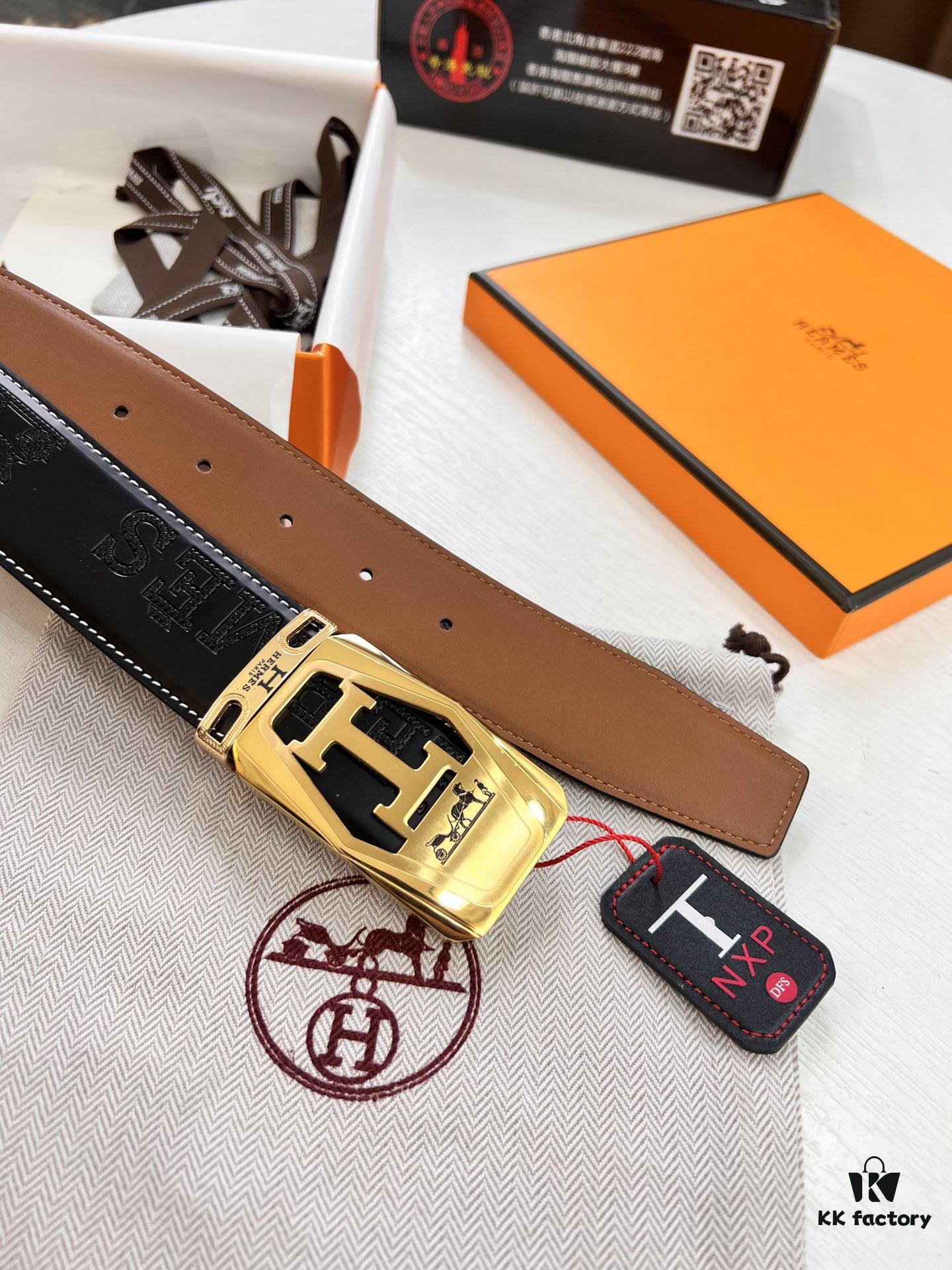 Hermès (Men's) Belt, Top Grain Cowhide Leather with Engraved Buckle, 3.8cm Width, Adjustable Length, Original Imported Embossed Horsehead Design, Ideal for Gifting
