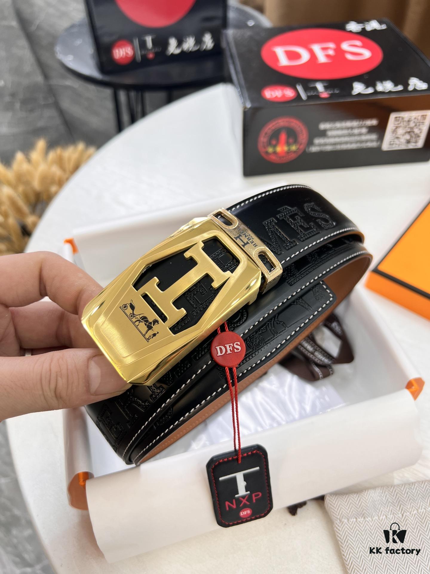 Hermès (Men's) Belt, Top Grain Cowhide Leather with Engraved Buckle, 3.8cm Width, Adjustable Length, Original Imported Embossed Horsehead Design, Ideal for Gifting