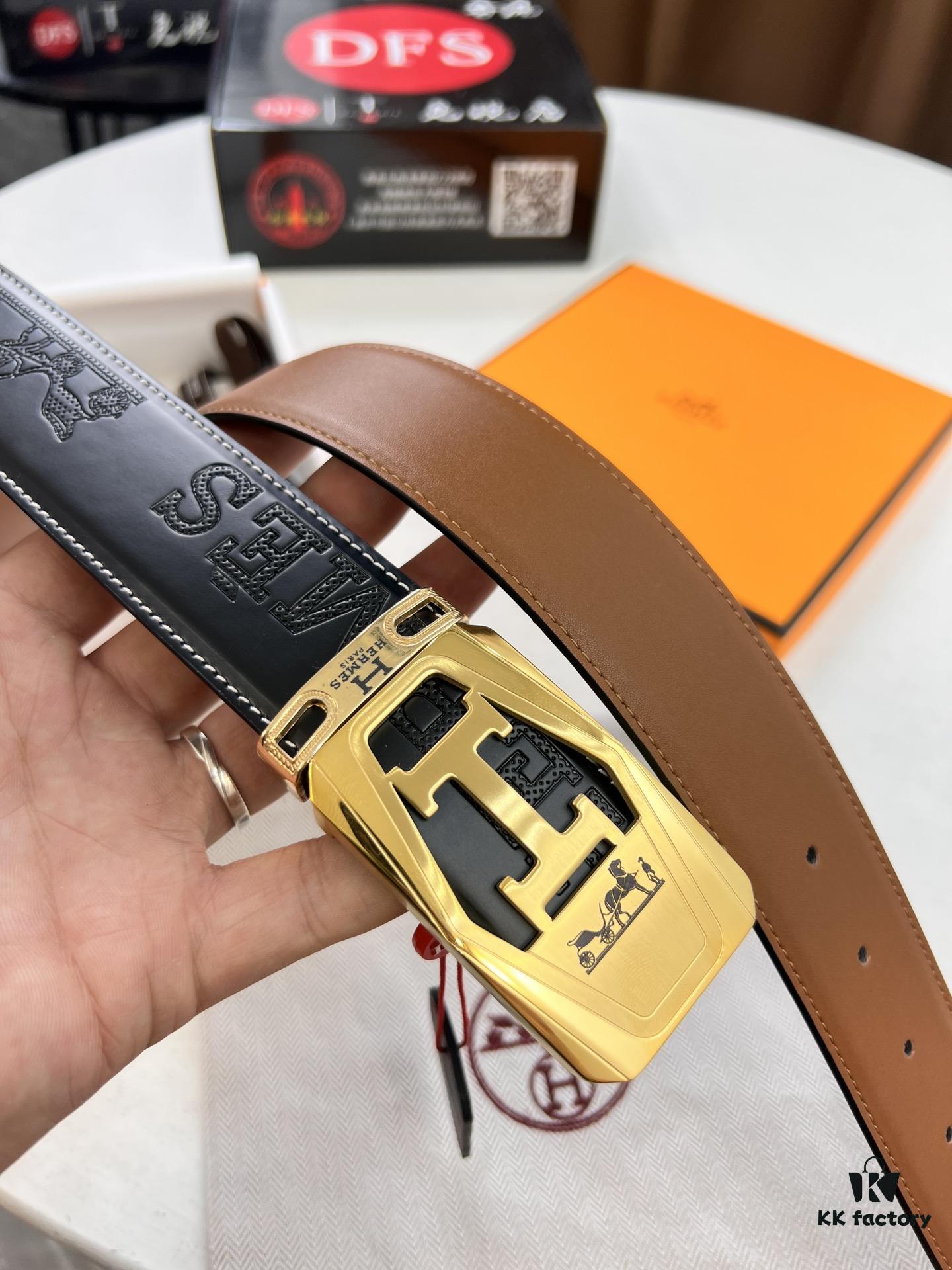 Hermès (Men's) Belt, Top Grain Cowhide Leather with Engraved Buckle, 3.8cm Width, Adjustable Length, Original Imported Embossed Horsehead Design, Ideal for Gifting