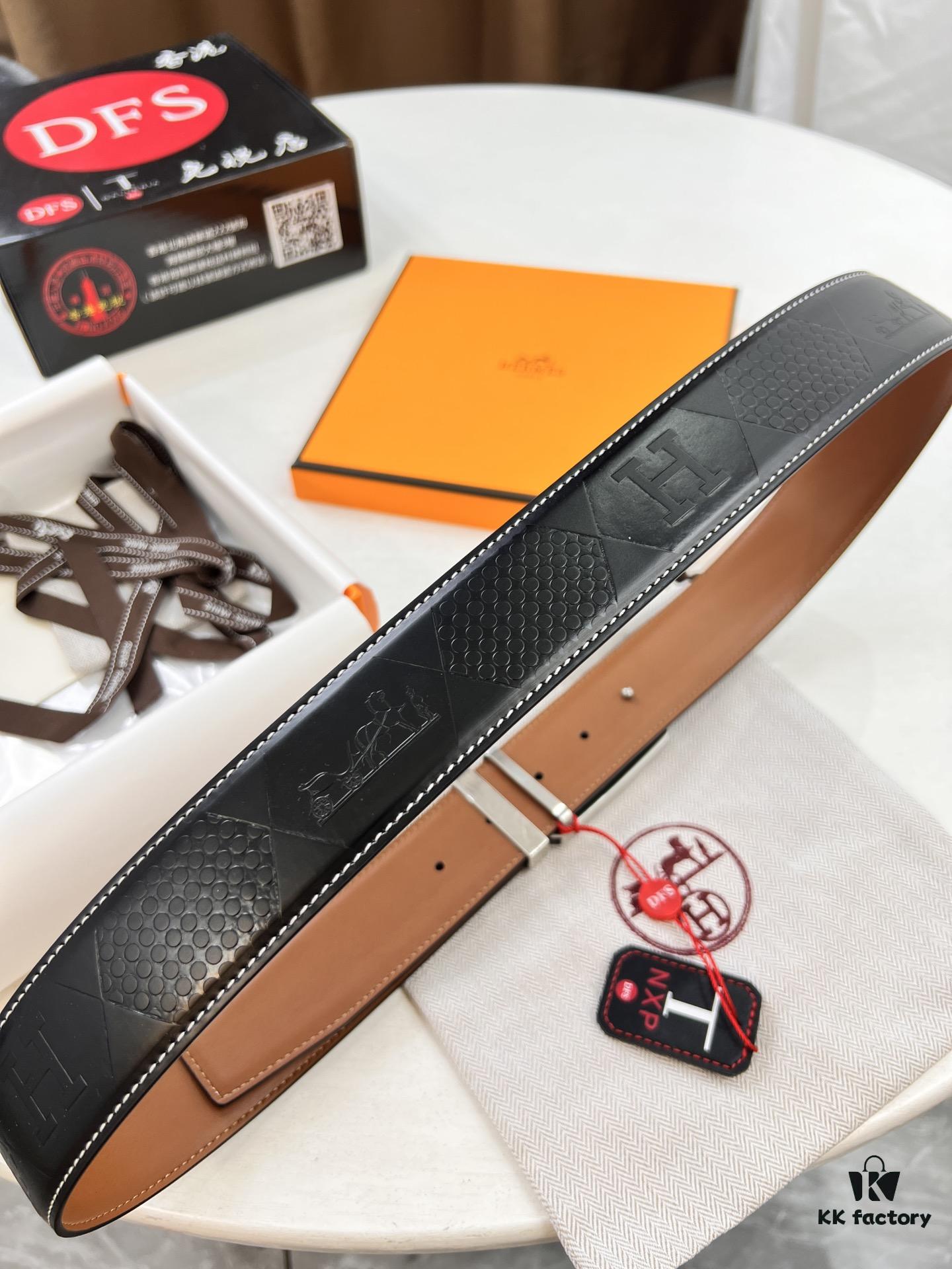 Hermès Men's Belt, Top Grain Cowhide Leather with Engraved Buckle, 3.8cm Width, Adjustable Length, Original Imported Embossed Horse Head Design