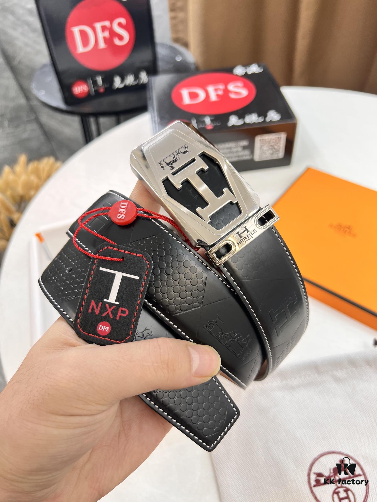 Hermès Men's Belt, Top Grain Cowhide Leather with Engraved Buckle, 3.8cm Width, Adjustable Length, Original Imported Embossed Horse Head Design