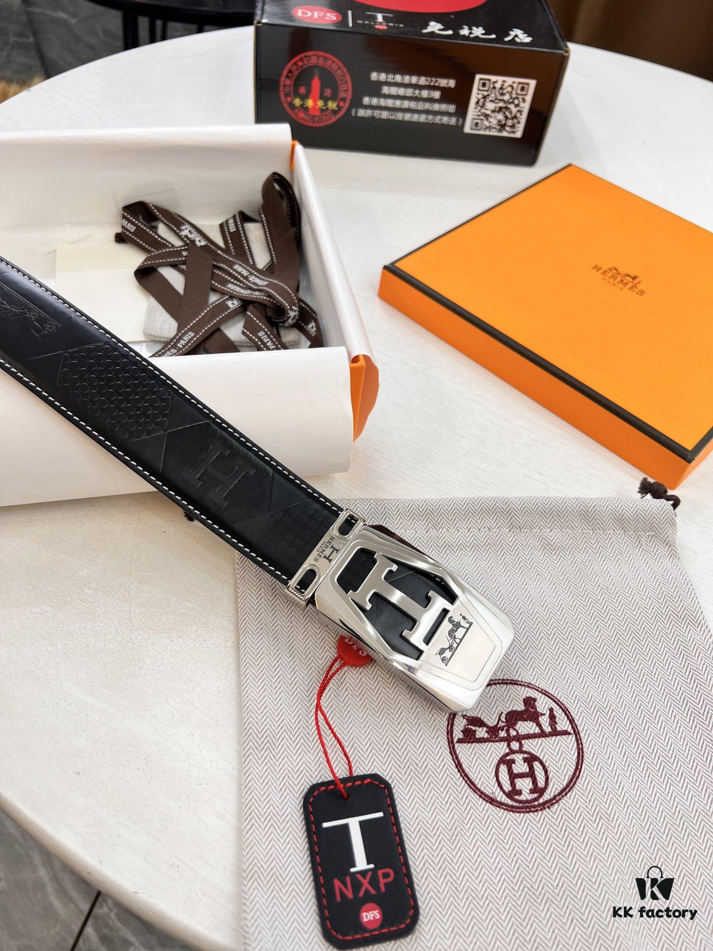 Hermès Men's Belt, Top Grain Cowhide Leather with Engraved Buckle, 3.8cm Width, Adjustable Length, Original Imported Embossed Horse Head Design