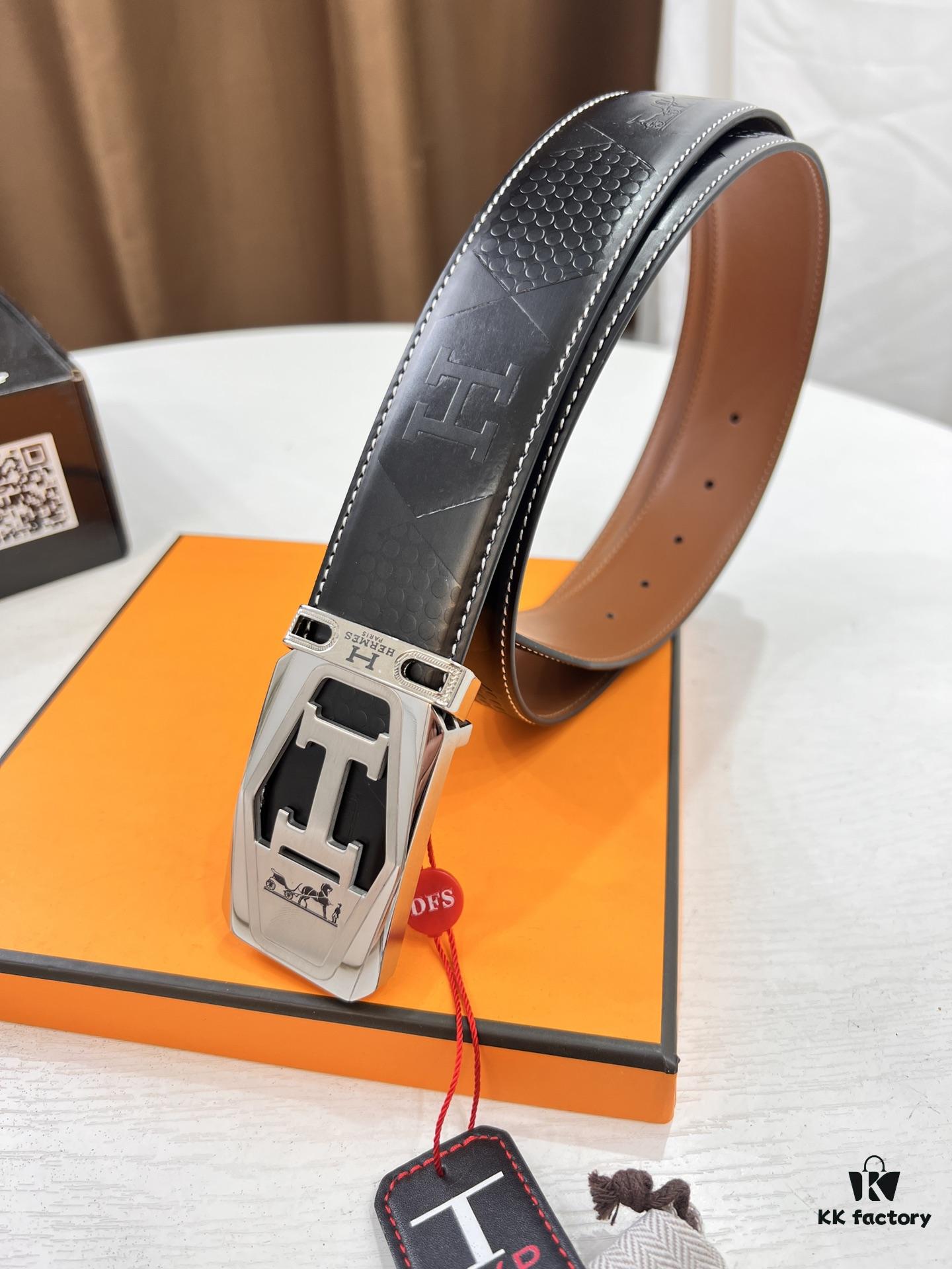 Hermès Men's Belt, Top Grain Cowhide Leather with Engraved Buckle, 3.8cm Width, Adjustable Length, Original Imported Embossed Horse Head Design