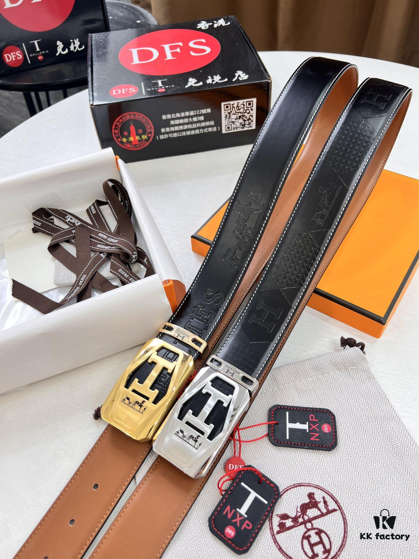 Hermès Men's Belt, Top Grain Cowhide Leather with Engraved Buckle, 3.8cm Width, Adjustable Length, Original Imported Embossed Horse Head Design