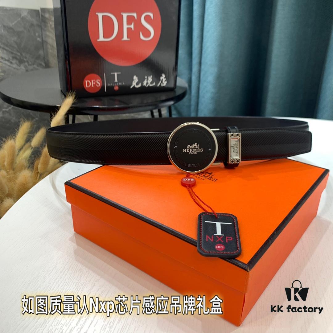 Hermès HH Original Factory Direct Order, Hong Kong Duty-Free Gift Box, Italian Imported Full-Grain Calfskin Belt with Automatic Buckle, 3.5cm Width, Luxury Fashion Runway Style