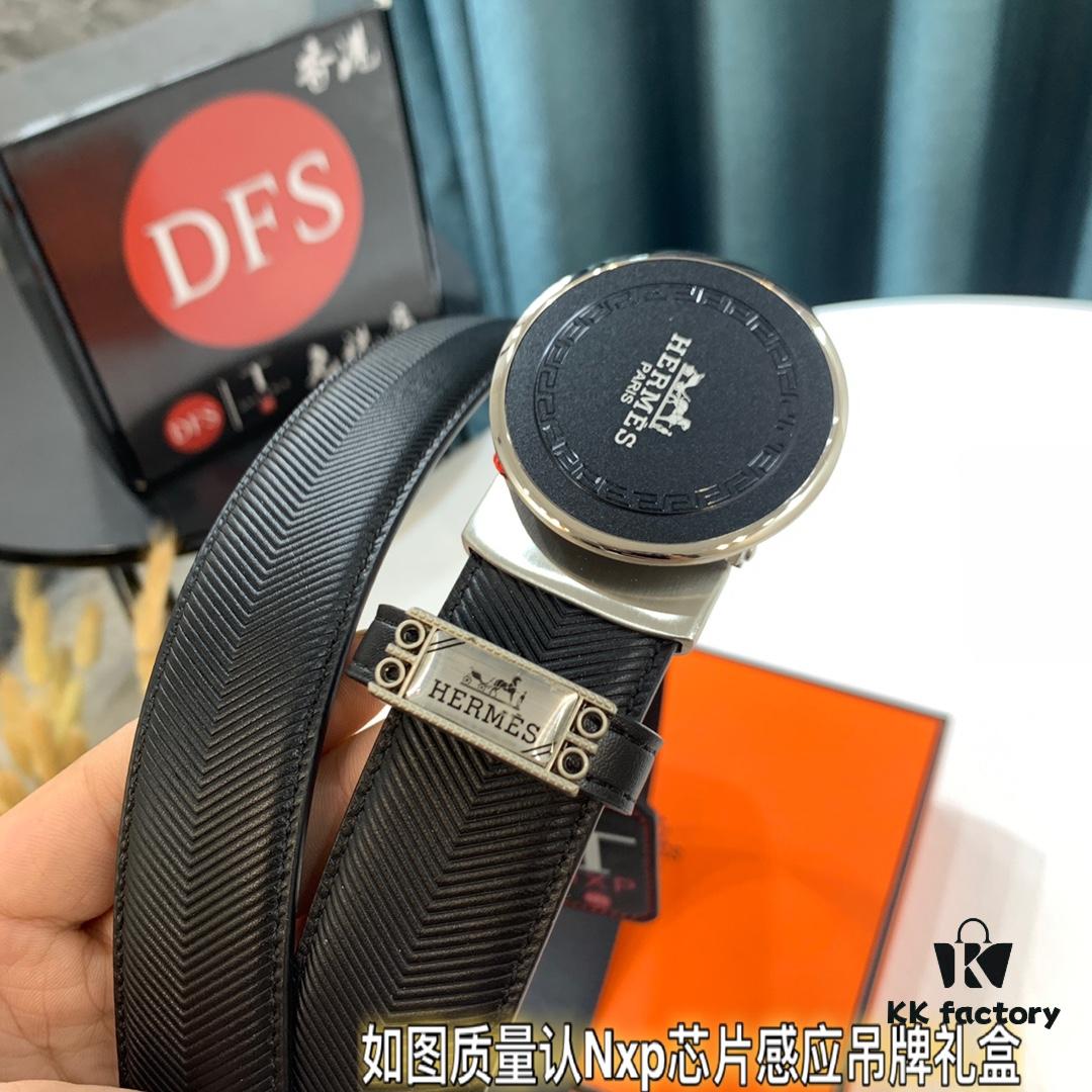 Hermès HH Original Factory Direct Order, Hong Kong Duty-Free Gift Box, Italian Imported Full-Grain Calfskin Belt with Automatic Buckle, 3.5cm Width, Luxury Fashion Runway Style