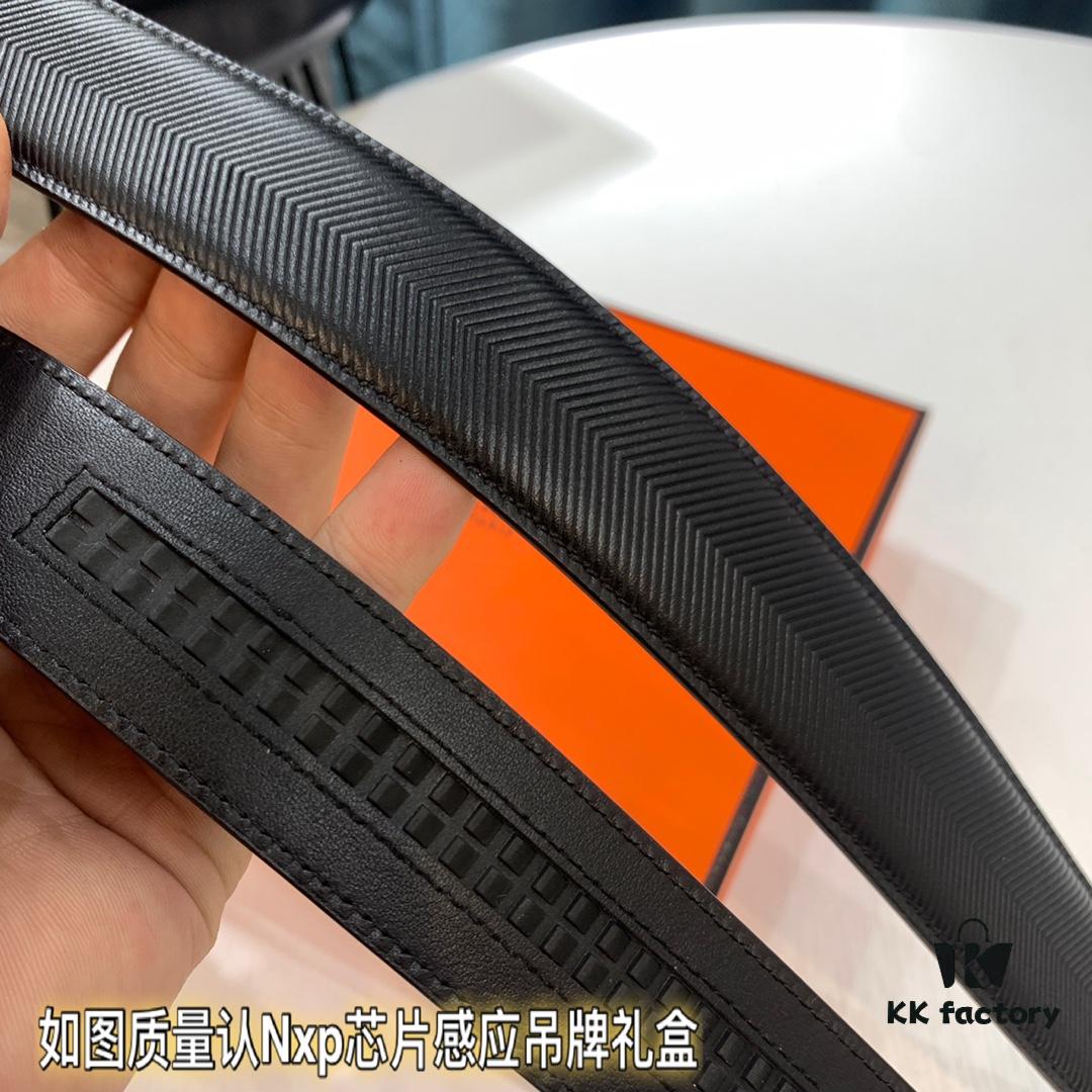 Hermès HH Original Factory Direct Order, Hong Kong Duty-Free Gift Box, Italian Imported Full-Grain Calfskin Belt with Automatic Buckle, 3.5cm Width, Luxury Fashion Runway Style