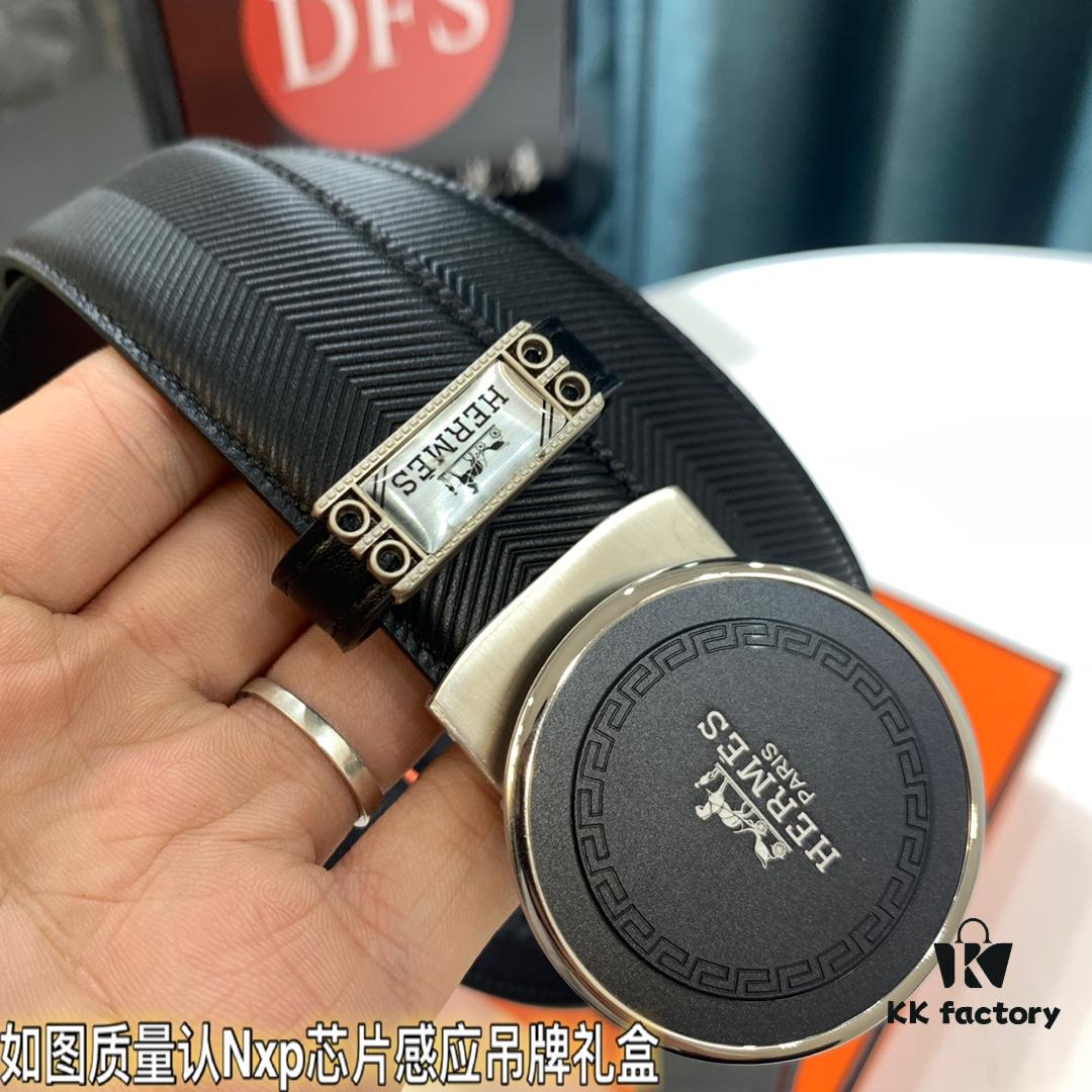 Hermès HH Original Factory Direct Order, Hong Kong Duty-Free Gift Box, Italian Imported Full-Grain Calfskin Belt with Automatic Buckle, 3.5cm Width, Luxury Fashion Runway Style