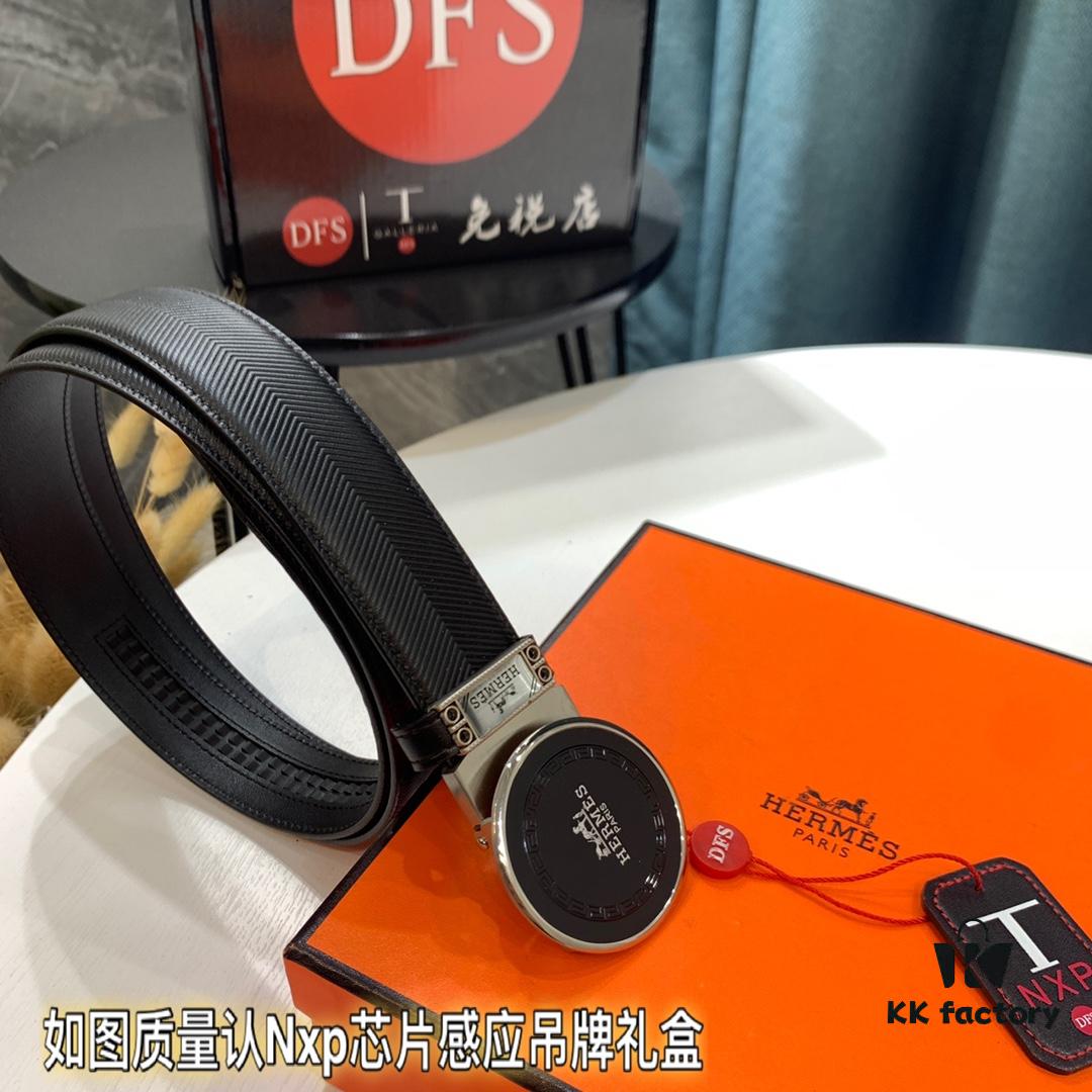 Hermès HH Original Factory Direct Order, Hong Kong Duty-Free Gift Box, Italian Imported Full-Grain Calfskin Belt with Automatic Buckle, 3.5cm Width, Luxury Fashion Runway Style