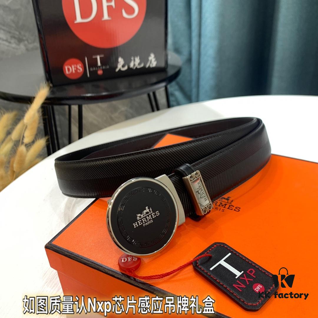 Hermès HH Original Factory Direct Order, Hong Kong Duty-Free Gift Box, Italian Imported Full-Grain Calfskin Belt with Automatic Buckle, 3.5cm Width, Luxury Fashion Runway Style