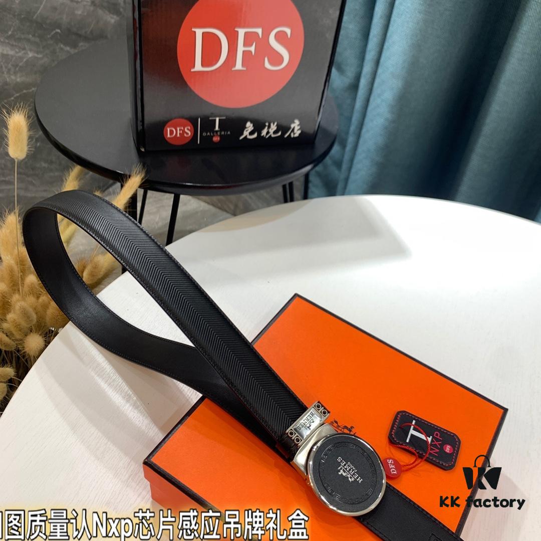 Hermès HH Original Factory Direct Order, Hong Kong Duty-Free Gift Box, Italian Imported Full-Grain Calfskin Belt with Automatic Buckle, 3.5cm Width, Luxury Fashion Runway Style