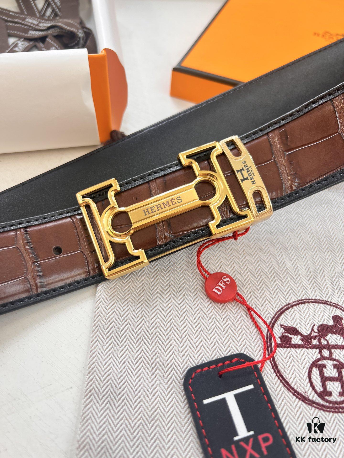 Hermès H Belt, New Arrival, Stainless Steel H Internal Buckle, Genuine Crocodile-Texture Top Layer Cowhide, 3.8cm Width, Premium Quality