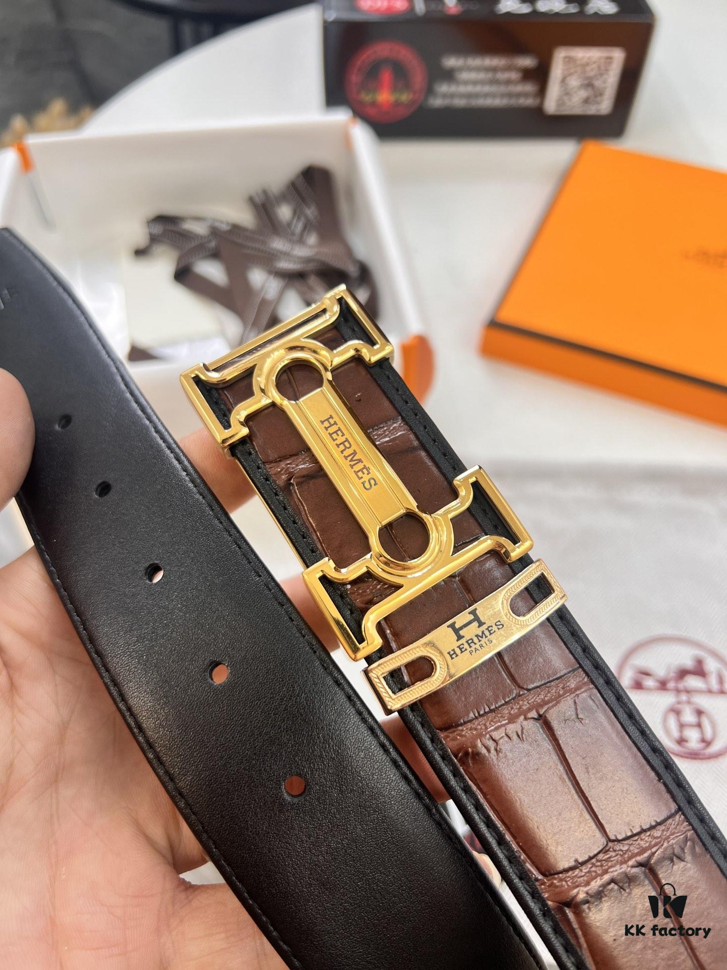Hermès H Belt, New Arrival, Stainless Steel H Internal Buckle, Genuine Crocodile-Texture Top Layer Cowhide, 3.8cm Width, Premium Quality