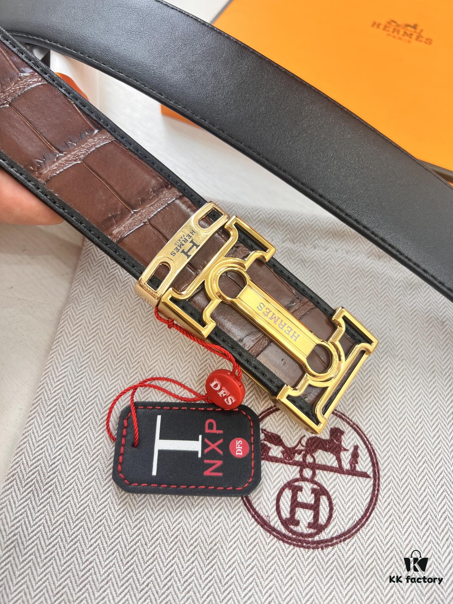 Hermès H Belt, New Arrival, Stainless Steel H Internal Buckle, Genuine Crocodile-Texture Top Layer Cowhide, 3.8cm Width, Premium Quality