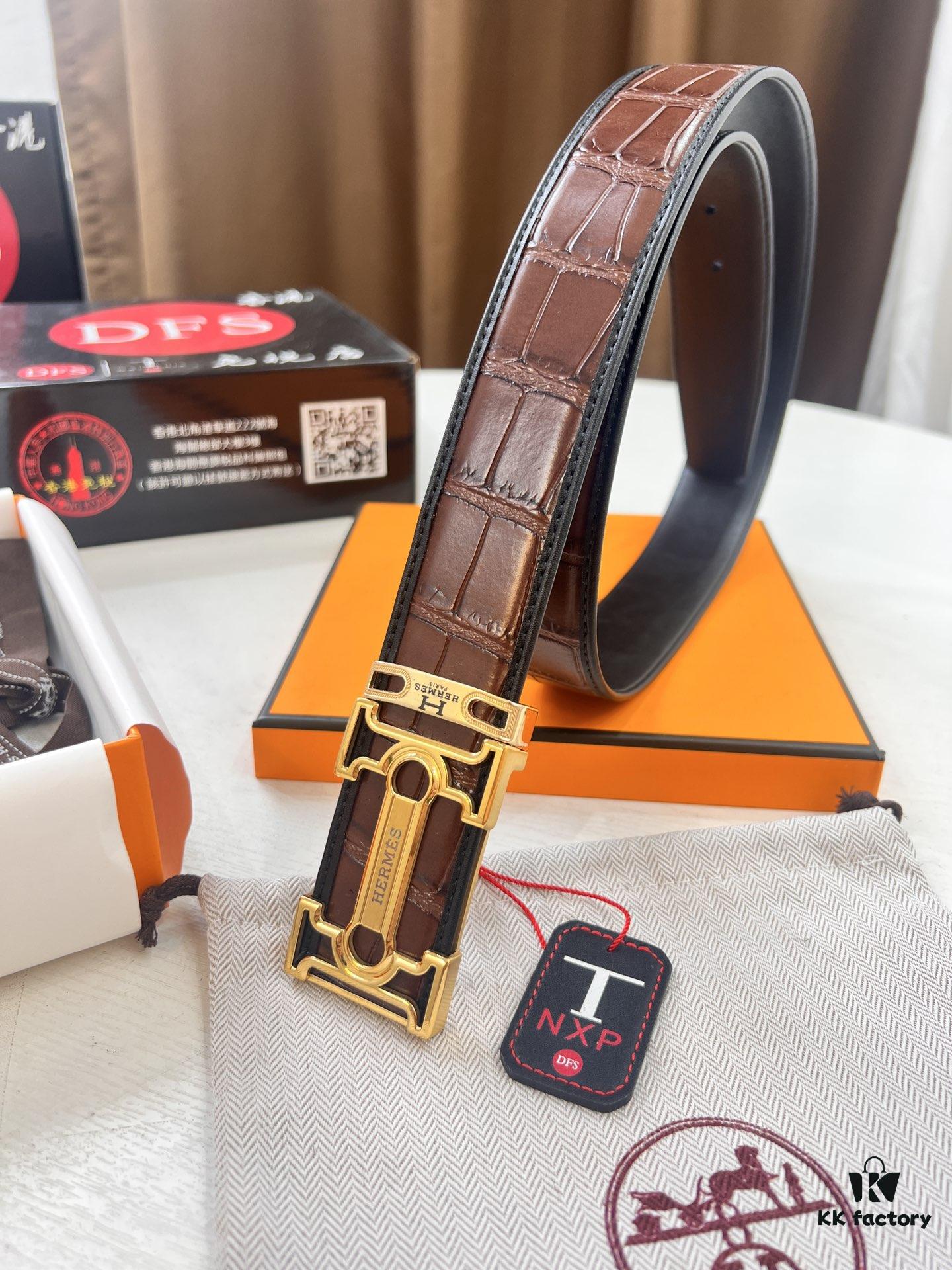 Hermès H Belt, New Arrival, Stainless Steel H Internal Buckle, Genuine Crocodile-Texture Top Layer Cowhide, 3.8cm Width, Premium Quality
