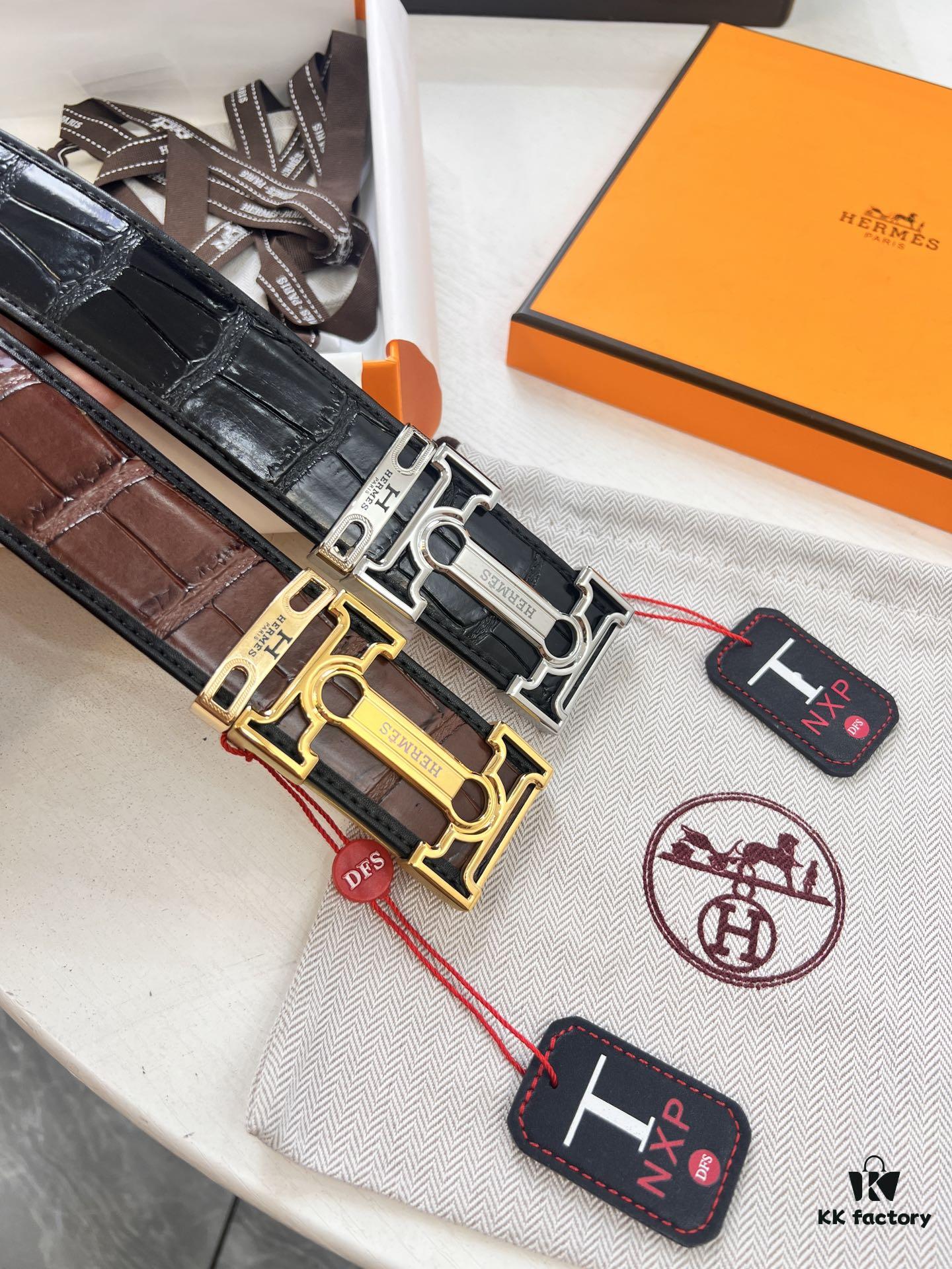 Hermès H Belt, New Arrival, Stainless Steel H Internal Buckle, Genuine Crocodile-Texture Top Layer Cowhide, 3.8cm Width, Premium Quality