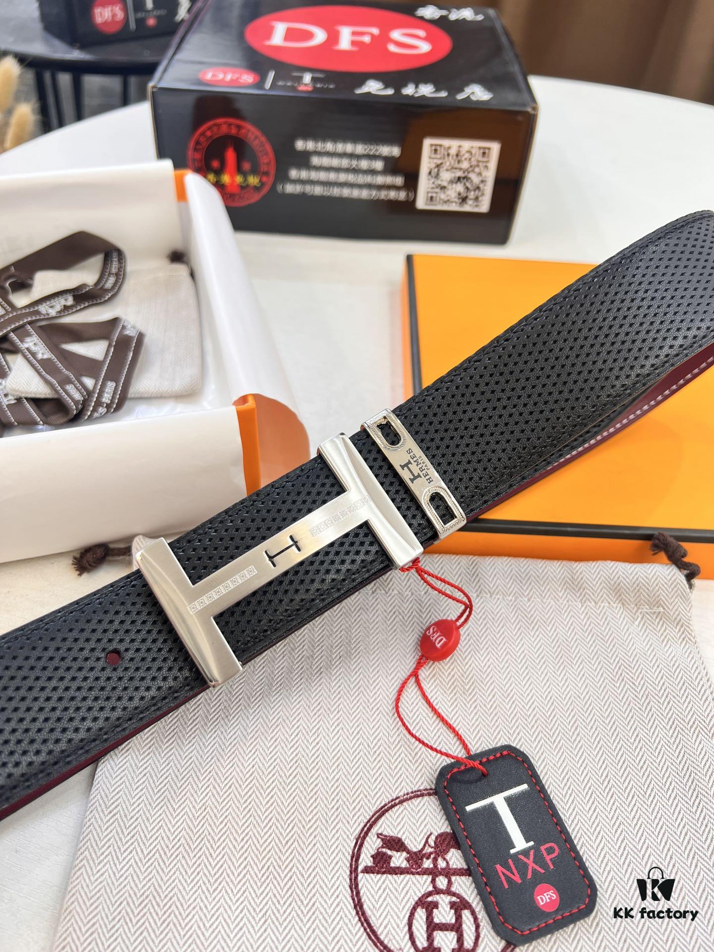 Hermès Men's Belt, Wine Red Fine-Grain Full-Grain Calfskin, 3.8cm Width, Original Imported Pin Buckle with H-Logo Stainless Steel Hardware