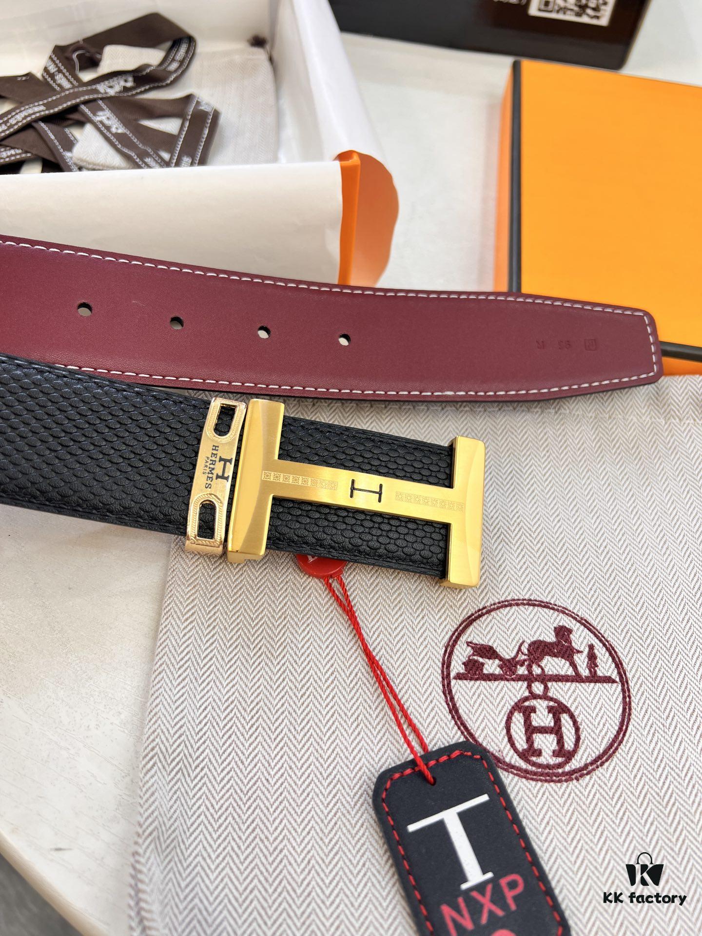 Hermès Men's Belt, Wine Red Fine-Grain Full-Grain Calfskin, 3.8cm Width, Original Imported Punching Head Leather, Stainless Steel H Buckle, Custom Length