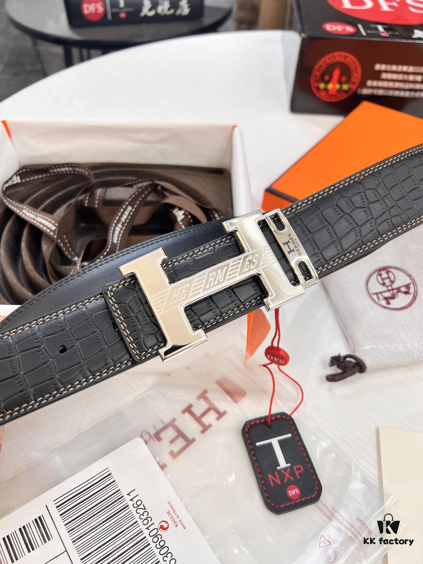 Hermès H Belt, New Arrival, Stainless Steel H Inner Buckle, ZP Synchronized Engraved Logo, Premium Crocodile Belly and Top Grain Cattle Leather