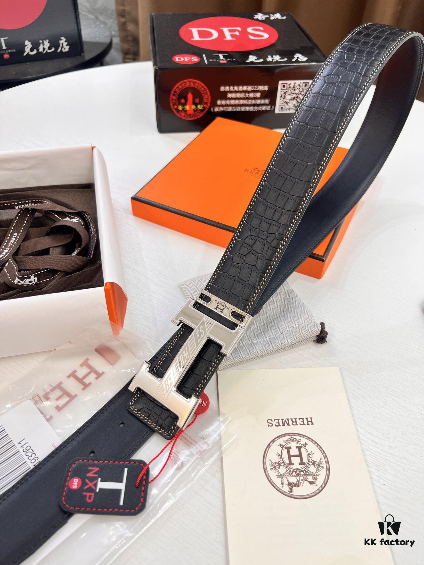 Hermès H Belt, New Arrival, Stainless Steel H Inner Buckle, ZP Synchronized Engraved Logo, Premium Crocodile Belly and Top Grain Cattle Leather