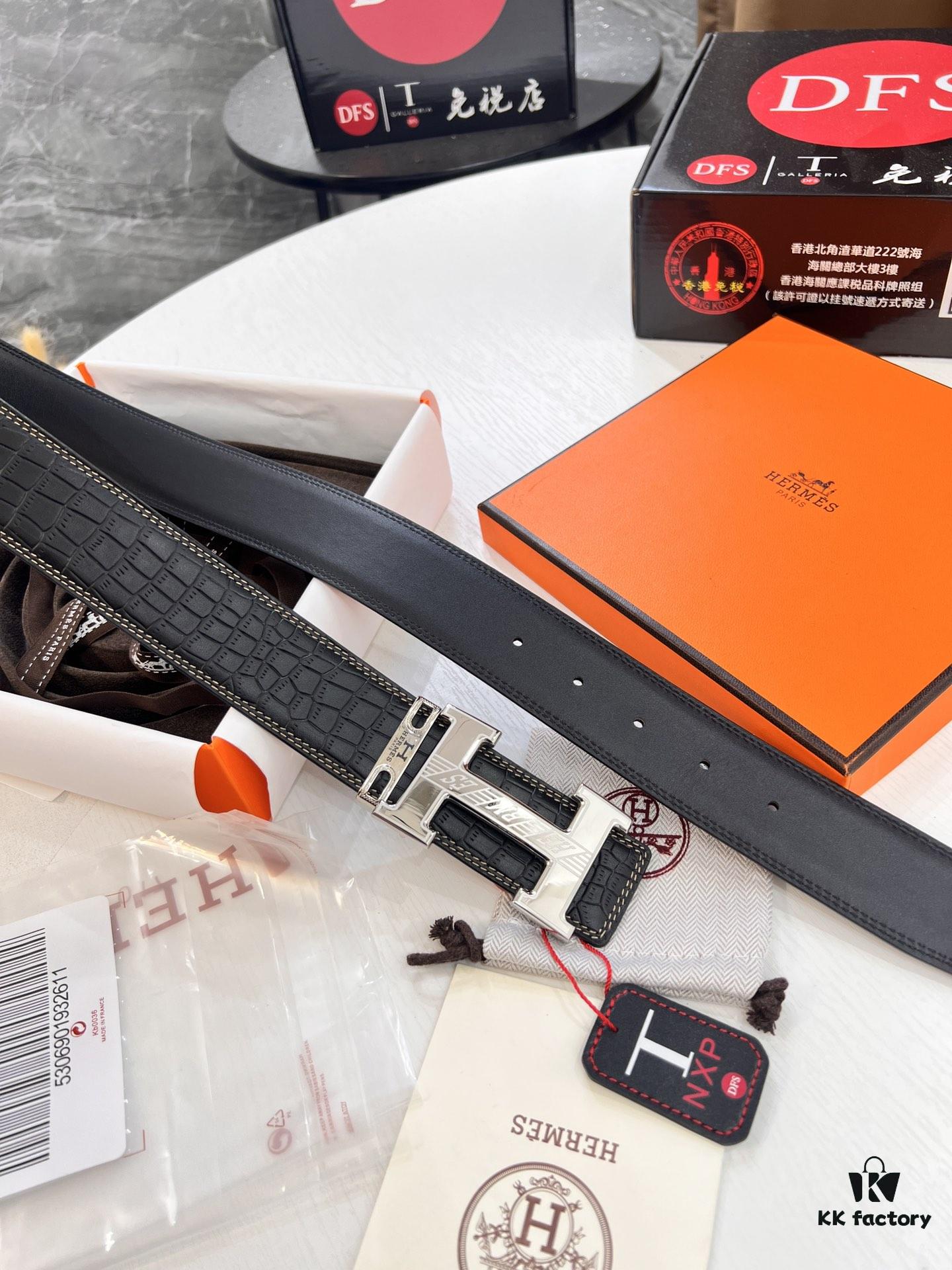 Hermès H Belt, New Arrival, Stainless Steel H Inner Buckle, ZP Synchronized Engraved Logo, Premium Crocodile Belly and Top Grain Cattle Leather