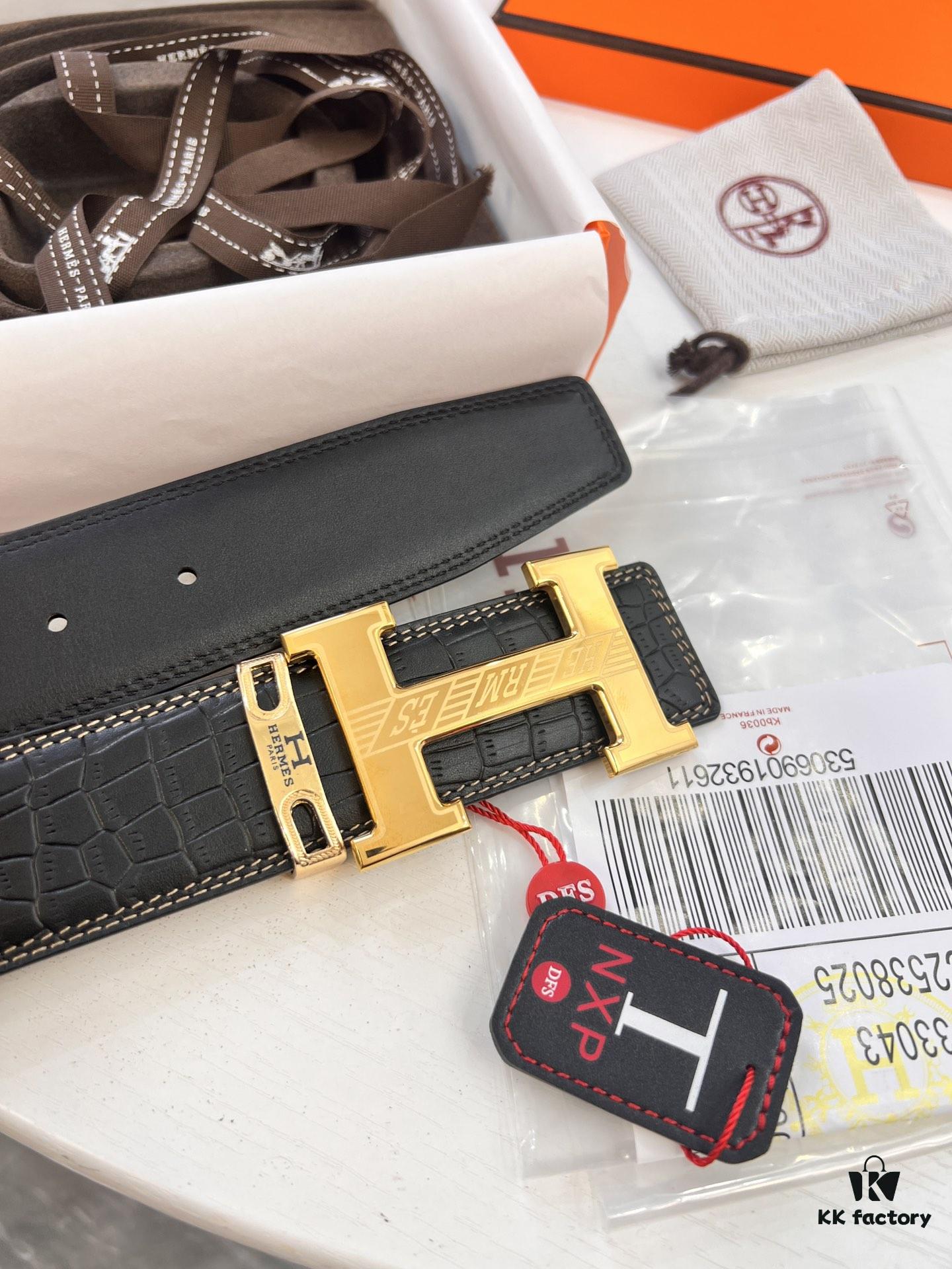 Hermès H Belt, New Arrival, Stainless Steel H Internal Buckle, ZP Synchronized Engraved Logo, 3.8cm Width, Premium Crocodile Belly and Top Layer Calfskin Leather