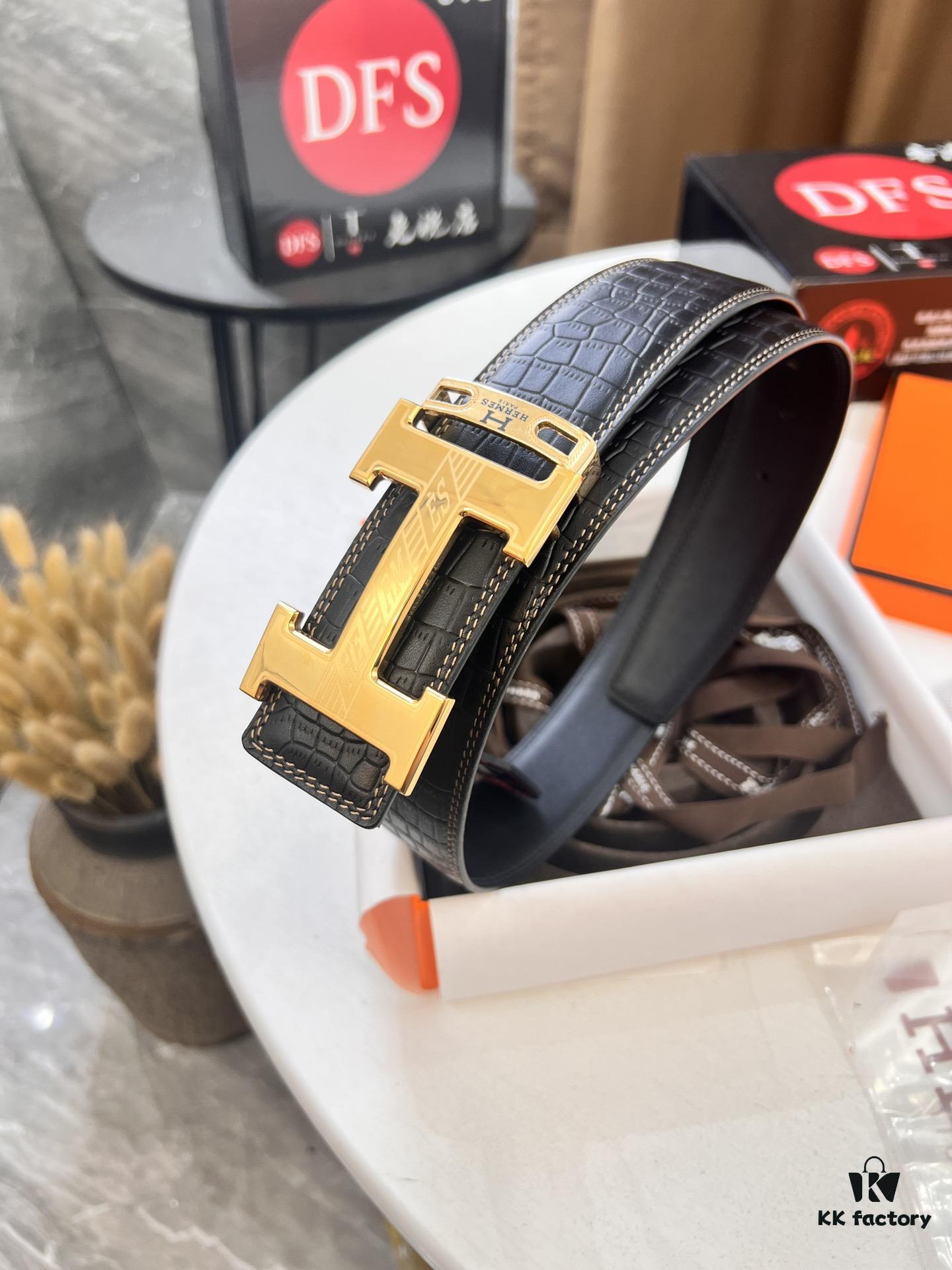 Hermès H Belt, New Arrival, Stainless Steel H Internal Buckle, ZP Synchronized Engraved Logo, 3.8cm Width, Premium Crocodile Belly and Top Layer Calfskin Leather