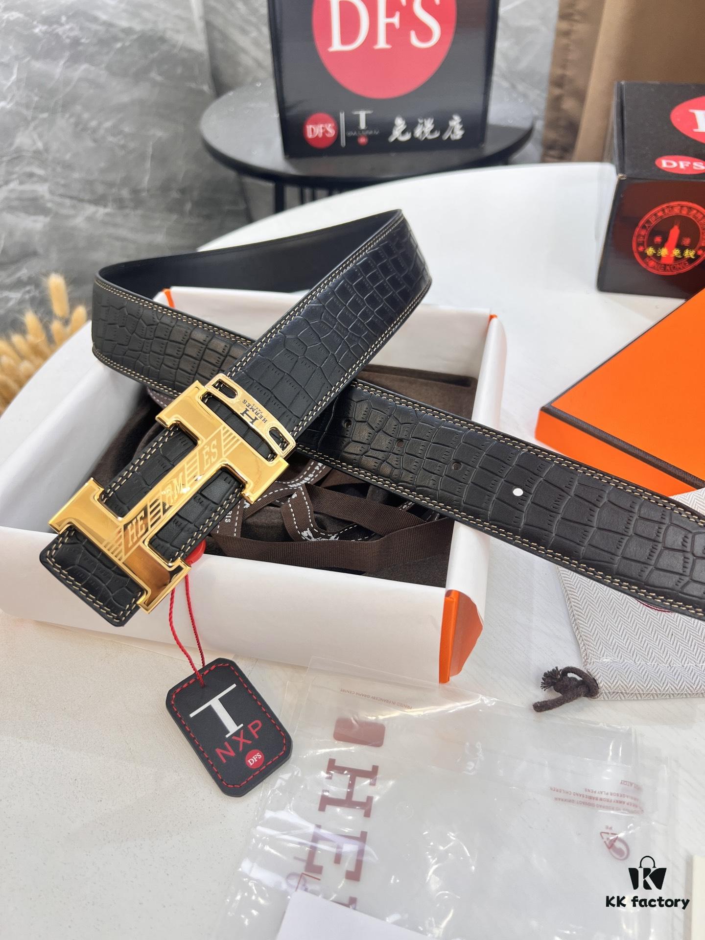Hermès H Belt, New Arrival, Stainless Steel H Internal Buckle, ZP Synchronized Engraved Logo, 3.8cm Width, Premium Crocodile Belly and Top Layer Calfskin Leather
