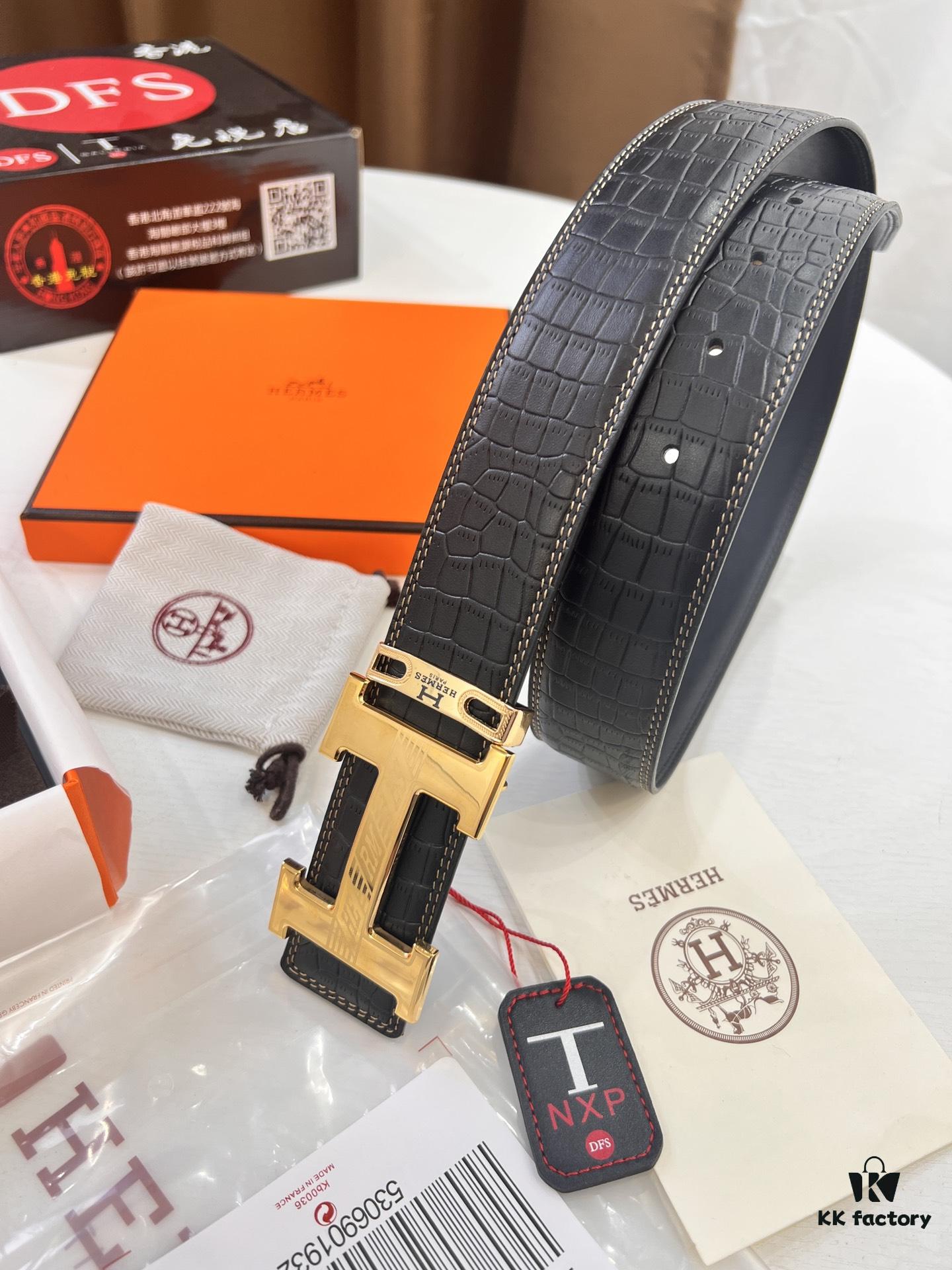 Hermès H Belt, New Arrival, Stainless Steel H Internal Buckle, ZP Synchronized Engraved Logo, 3.8cm Width, Premium Crocodile Belly and Top Layer Calfskin Leather