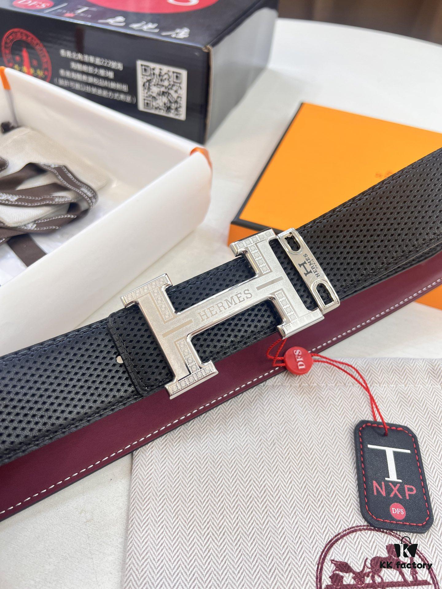 Hermès Men's Belt, Genuine Top-Layer Calfskin with Steel Hardware, 3.8cm Width, Ideal Gift