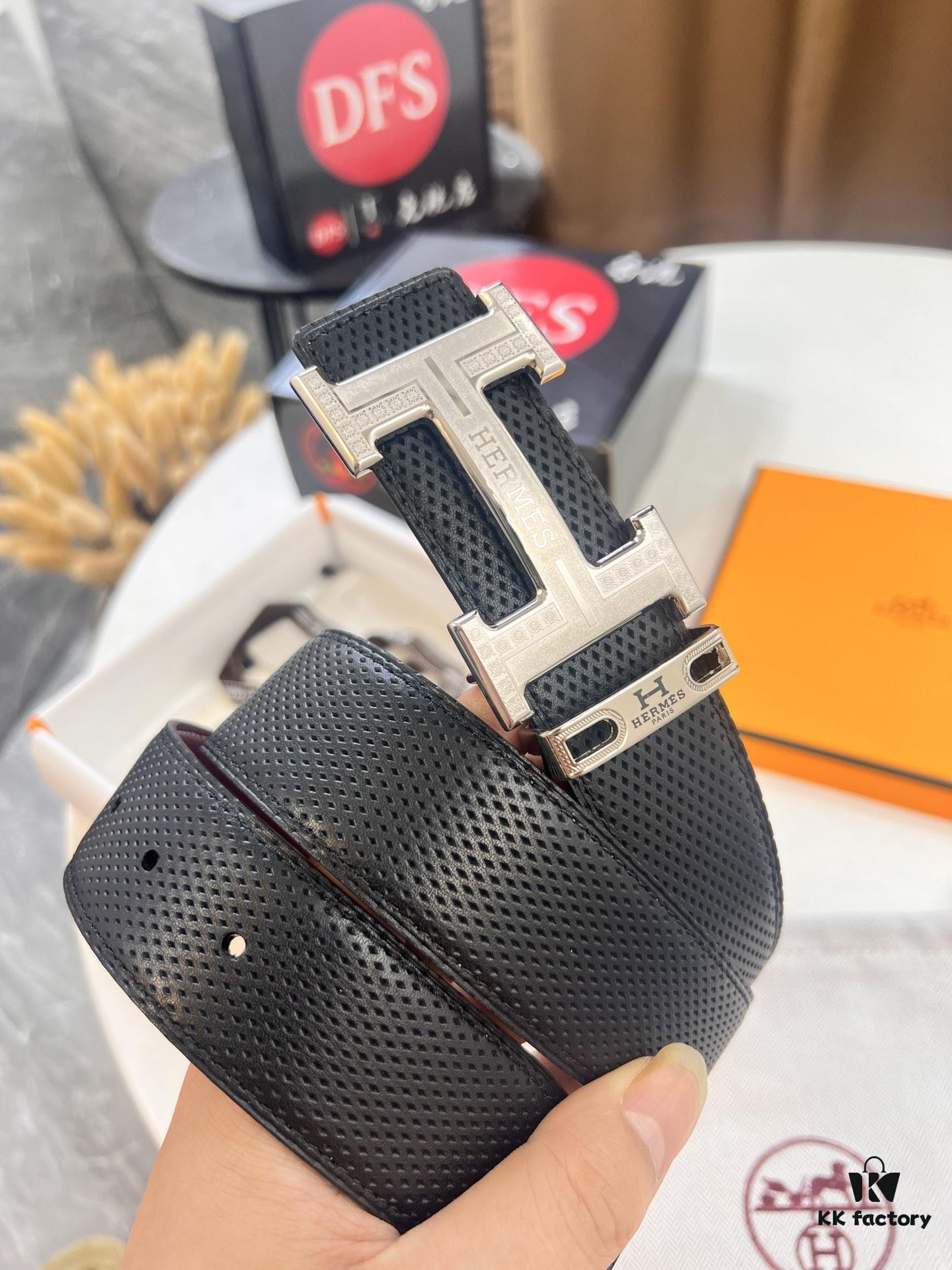 Hermès Men's Belt, Genuine Top-Layer Calfskin with Steel Hardware, 3.8cm Width, Ideal Gift