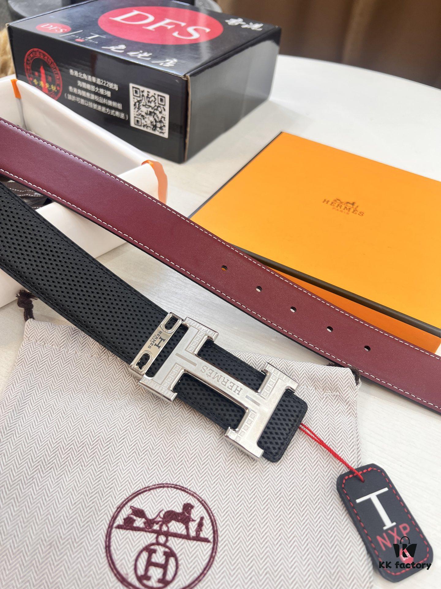 Hermès Men's Belt, Genuine Top-Layer Calfskin with Steel Hardware, 3.8cm Width, Ideal Gift