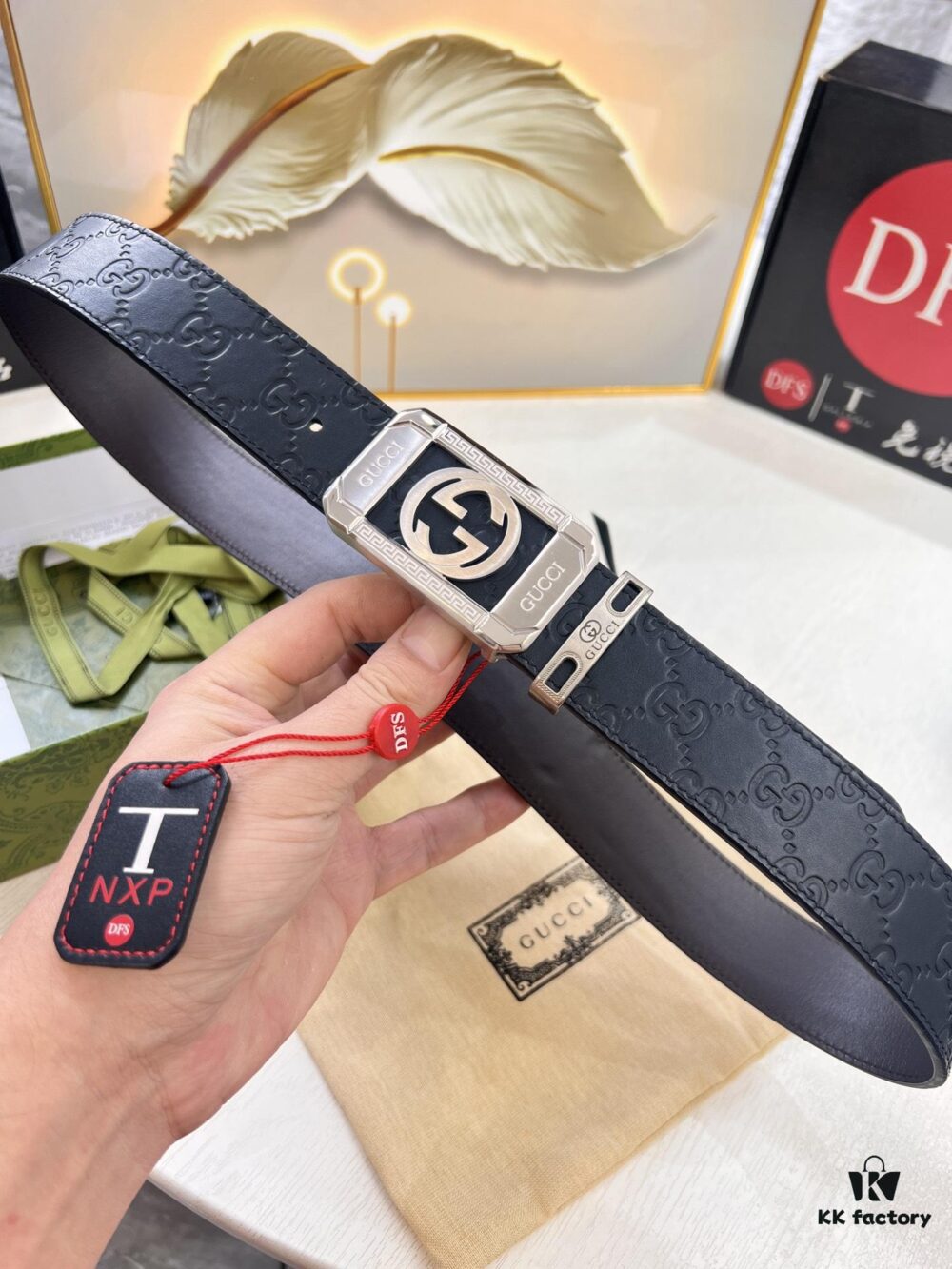 Gucci Men's Belt, 4.0cm Wide, Embossed Cowhide Leather, GG Buckle, ZP Molded Latest Design, Genuine Quality with NXP Anti-Counterfeit Chip